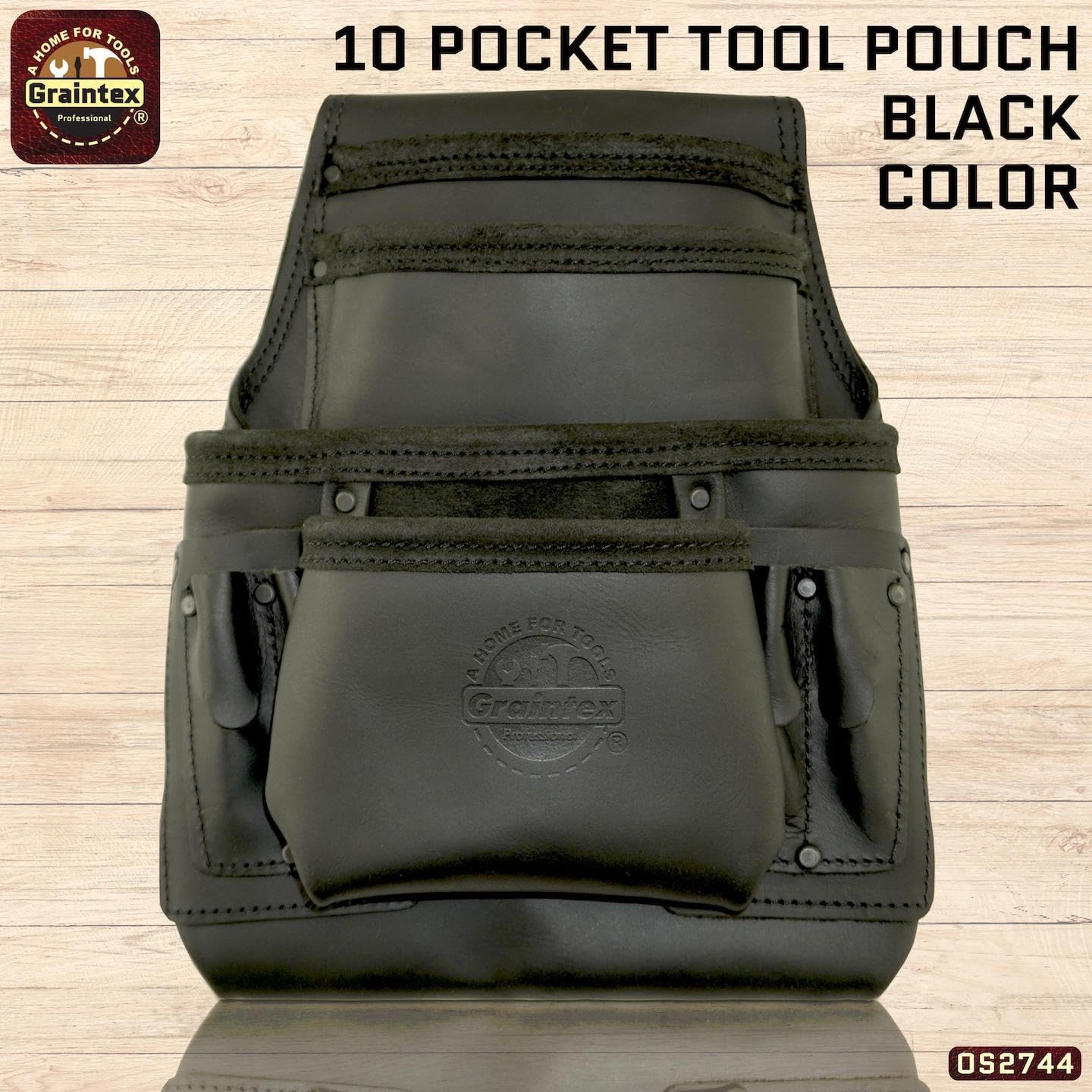 Graintex OS2744 10 Pocket Nail & Tool Pouch Top Grain Oil Tanned Leather for Framers, Constructors, Electricians, Plumbers, Handyman