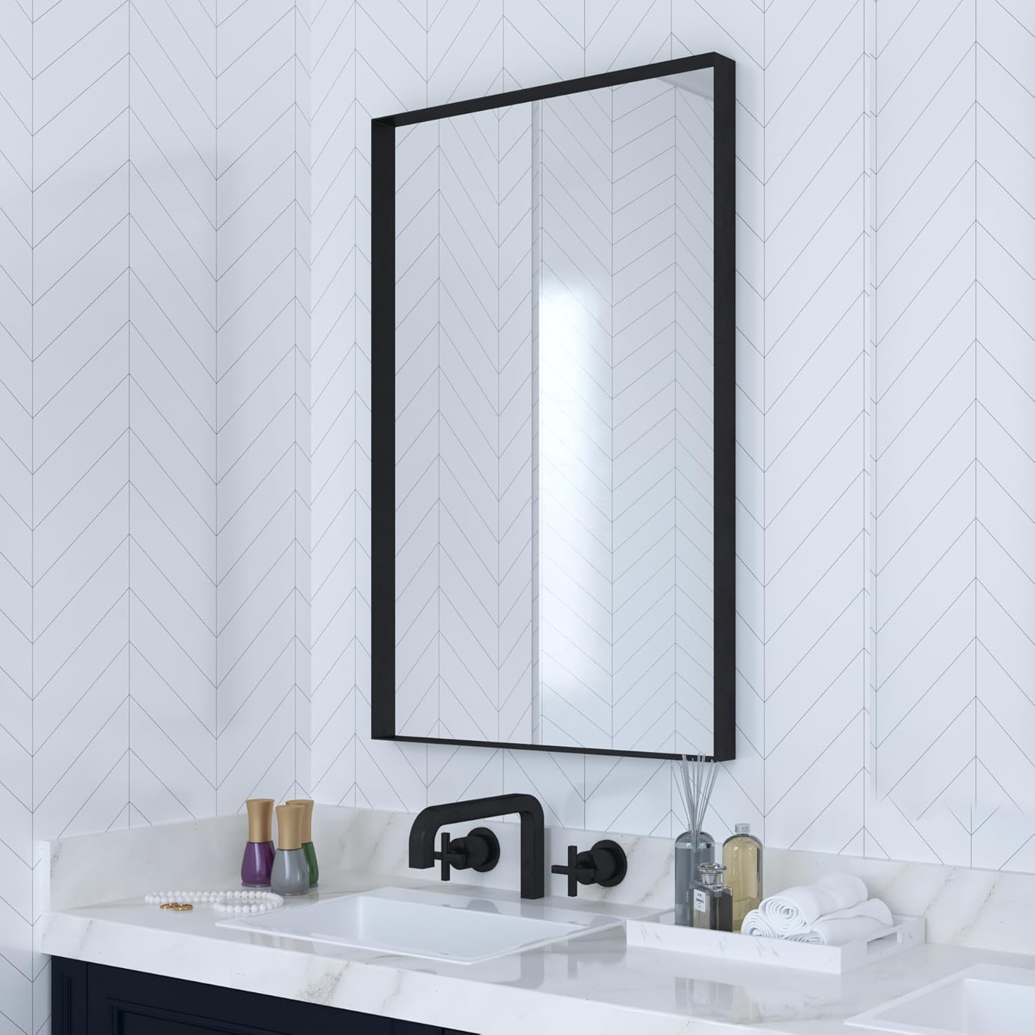 Black Metal Framed Bathroom Mirror for Wall, 18 x 26 Inch Square Corner Rectangle Black Bathroom Vanity Mirror Modern Farmhouse, 1/4-inch Shatterproof Glass | Ultra-Flush Hanging Black 26"L x 18"W