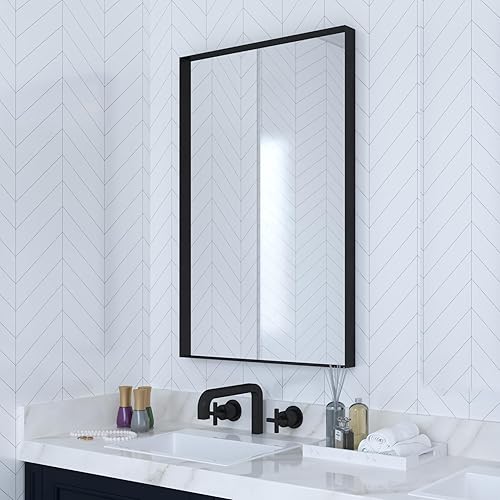 Espejo de baño con marco de metal negro para pared, rectangular de esquina cuadrada de 24 x 36 pulgadas, espejo de tocador de baño moderno, vidrio