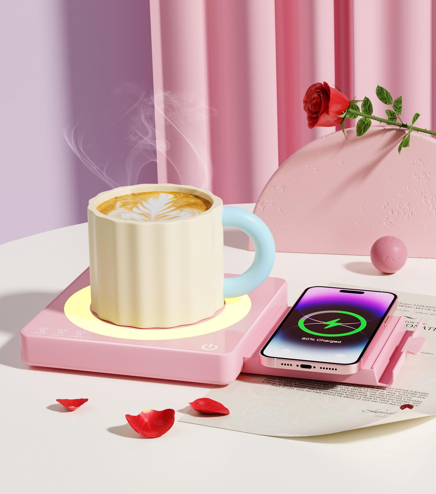 Coffee Mug Warmer with 15W Wireless Charging, Cup Warmer for Desk, 3 Temp Settings, Smart Candle Heat Plate, Home, Office & Coffee Lover Gifts for Women Christmas Birthday Anniversary, Pink