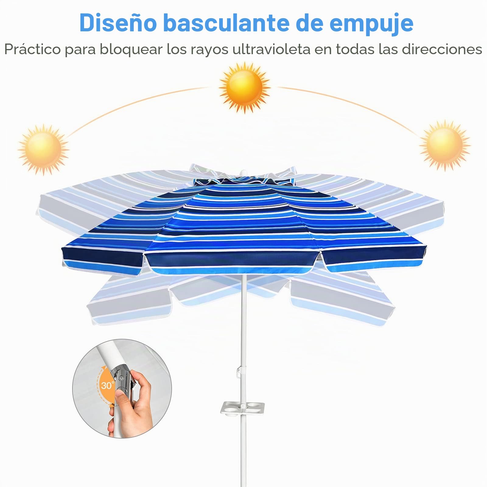 KOMFOTTEU Sombrilla Inclinable de 200 cm, Parasol de Playa con Soporte para Bebidas y Bolsa de Transporte, Paraguas de Balcón Plegable con Protección Solar, Resistente a la Intemperie