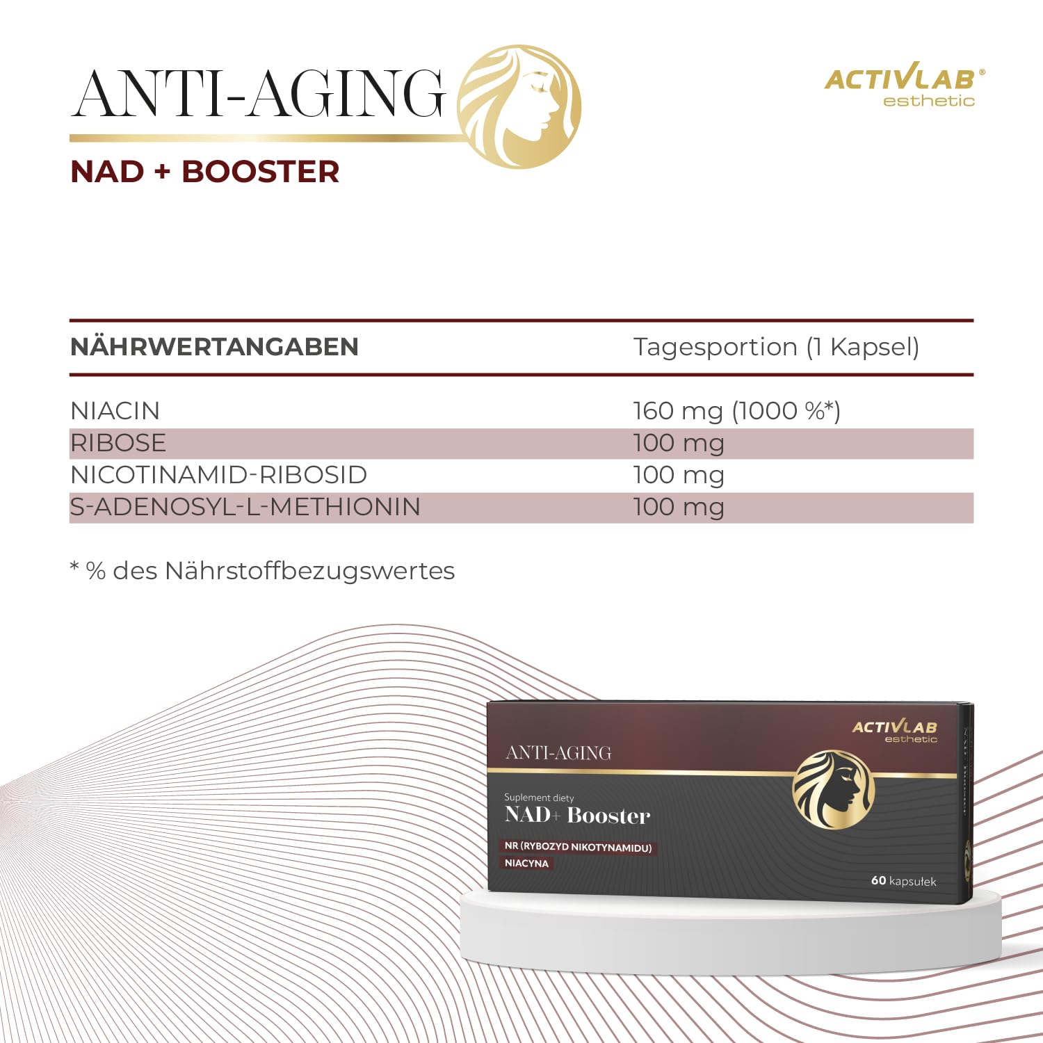 Activlab ESTHETIC ANTI-AGING NAD+ BOOSTER 60 Kapseln, Nicotinamid-Ribosid (NR), D-Ribose, S-Adenosyl-L-Methionin, Niacin, gesunde Haut, Entgiftung, Immunität