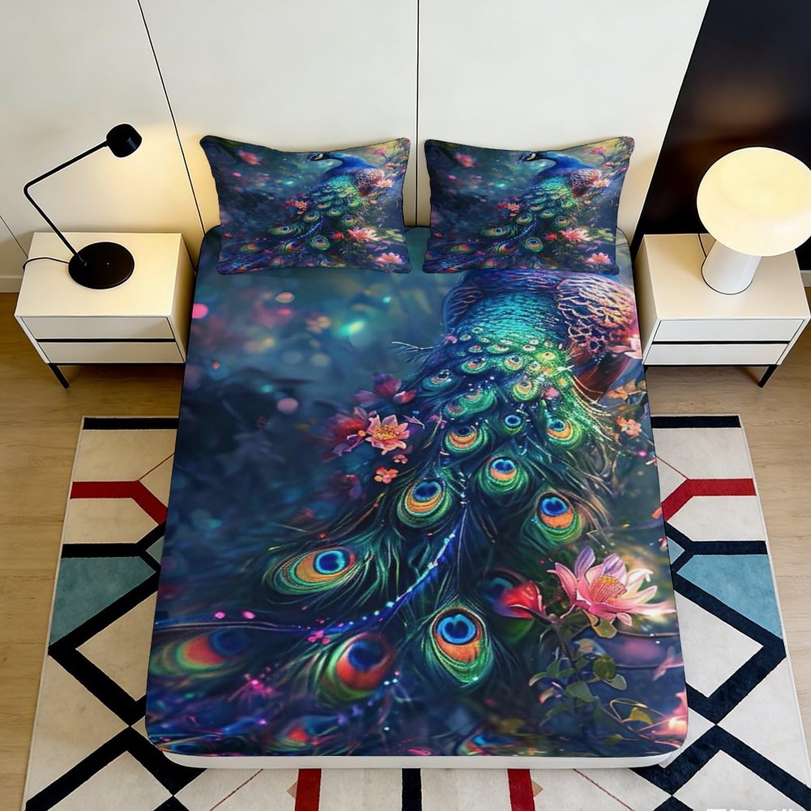 3D Printed Peacock Feather Fitted Sheet Microfiber Colorful Floral Mattress Cover Slip-Resistant Machine Washable for Bedroom Guestroom Home Decor 90x200x25cm