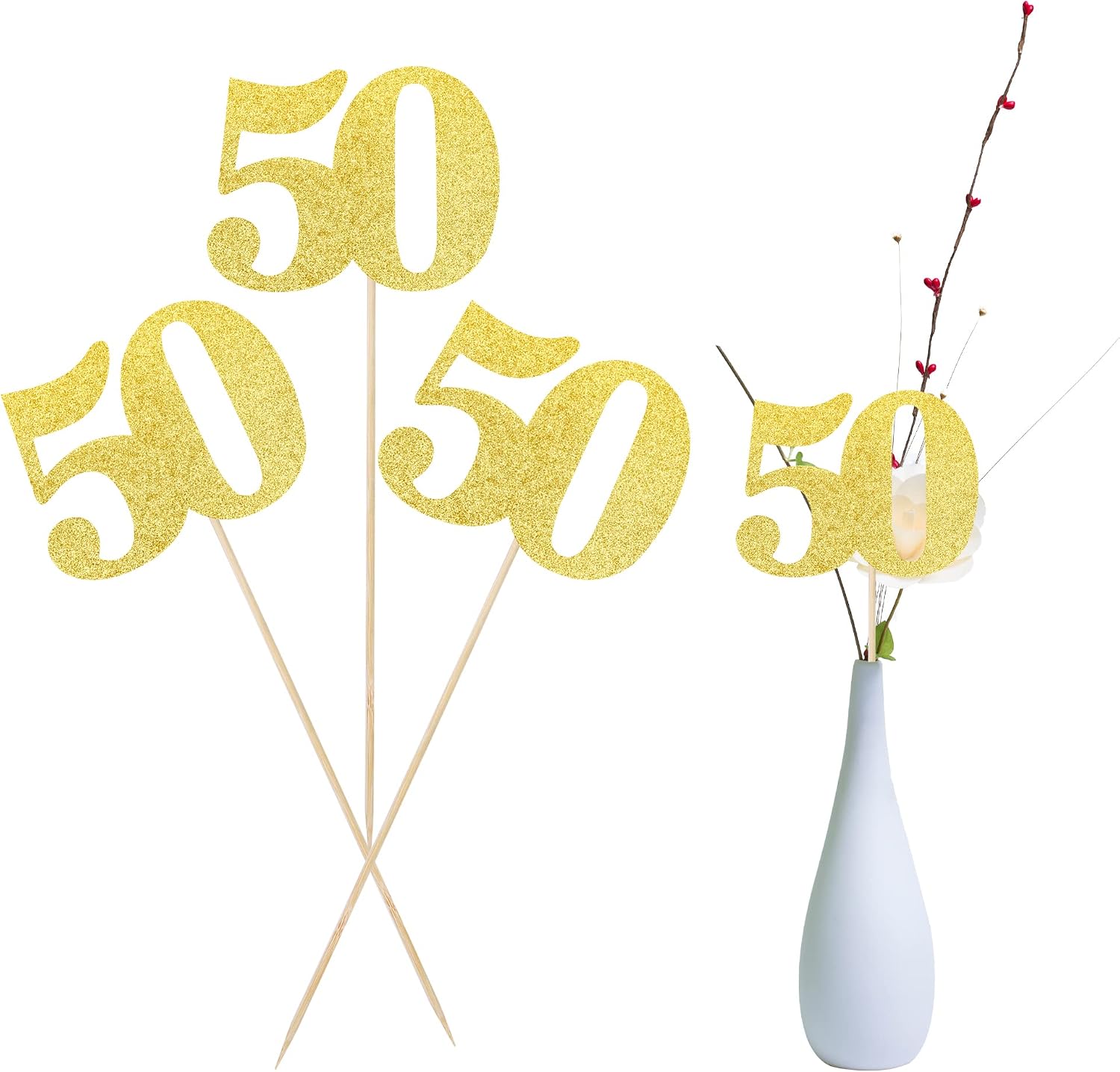 12 PCS Glitter 50th Birthday Centerpiece Sticks Number 50 Cake Toppers Fifty Table Flower Topper Decorations for 50th Birthday Anniversary Party Centerpiece Supplies Gold