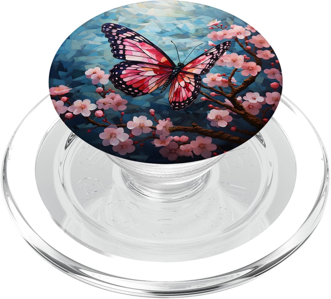 Pink Monarch Butterfly Cherry Blossoms Mosaic PopSockets MagSafe PopGrip for iPhone