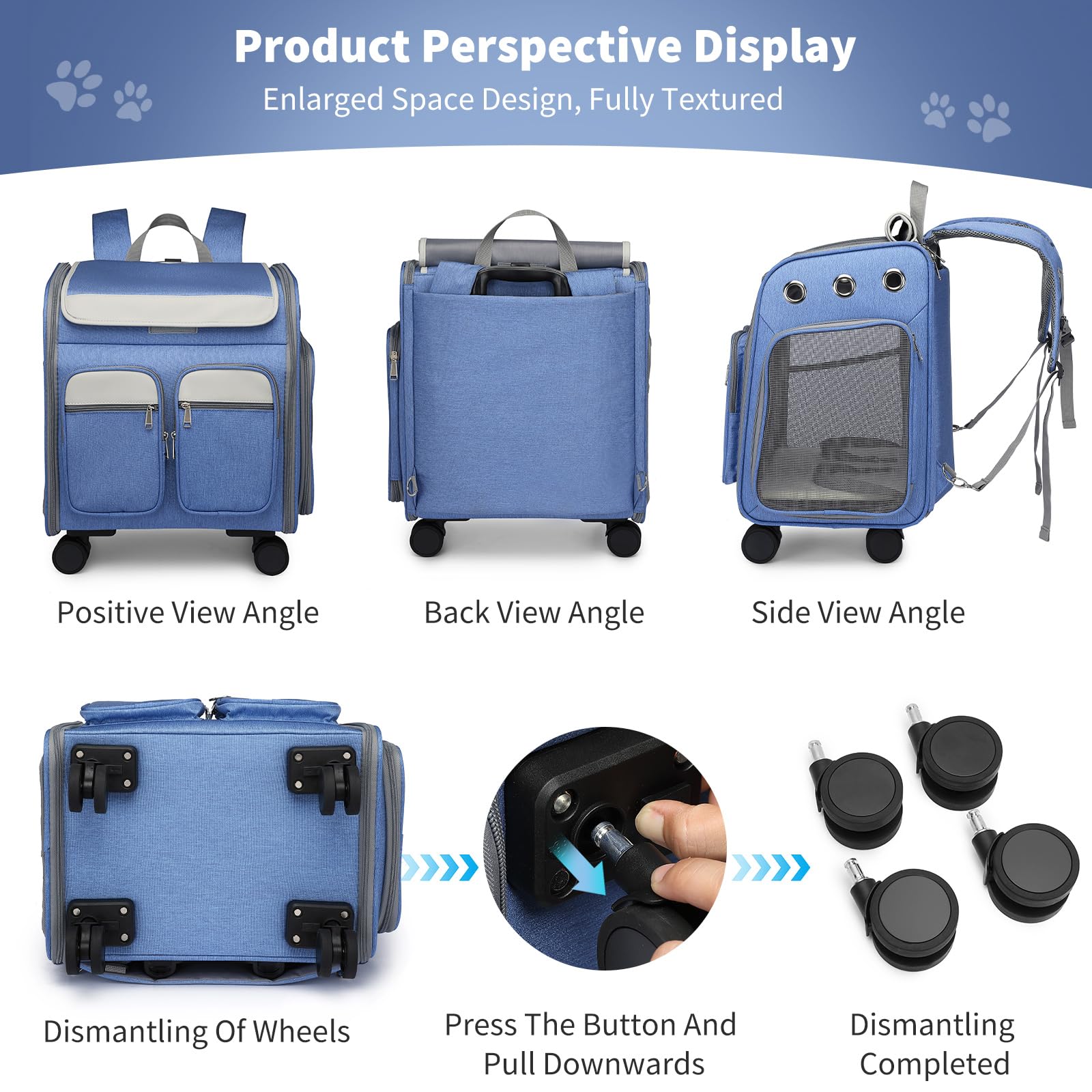 PETCUTE Katzenrucksack Hunderucksack mit Trolley 2 in 1 bis 11 kg,Faltbarer Hundetrolley mit 4 Rädern,Herausnehmbarer Matte,Multifunktionaler,Atmungsaktive Haustier-Reisetrage für Katzen und Welpen