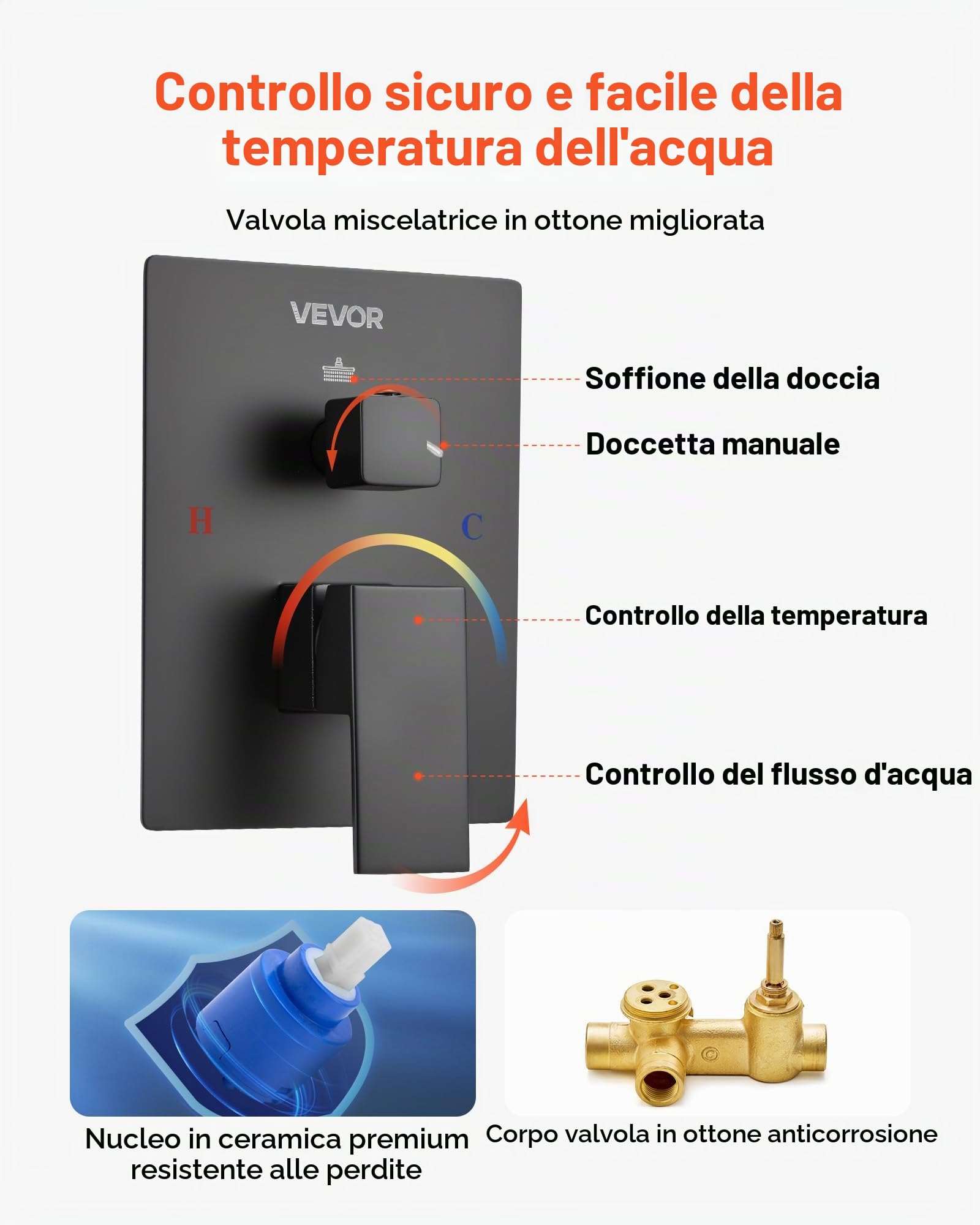 VEVOR Sistema Doccia a Pioggia per Bagno con Soffione Quadrato 305 mm e Doccetta, Set di Rubinetti da Doccia a Soffitto, con Valvola in Ottone e Kit di Finitura, Rubinetto Doccia, Nero Opaco
