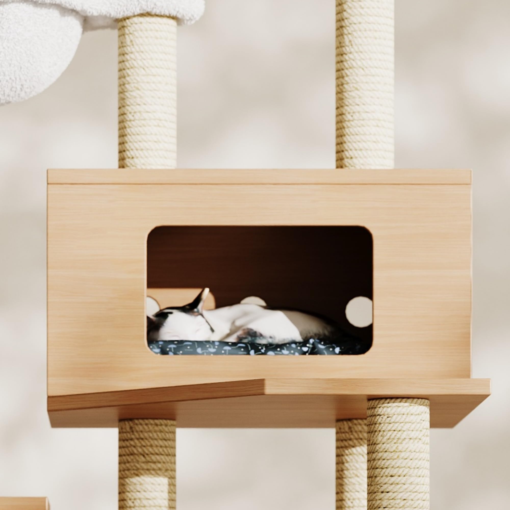 Tiragraffi alto 173 cm, cuccia per gatti con grande piattaforma, mangiatoia, 1 amaca e armadietto per gatti (senza lettiera), albero tiragraffi per gatti grandi e gattini, legno naturale