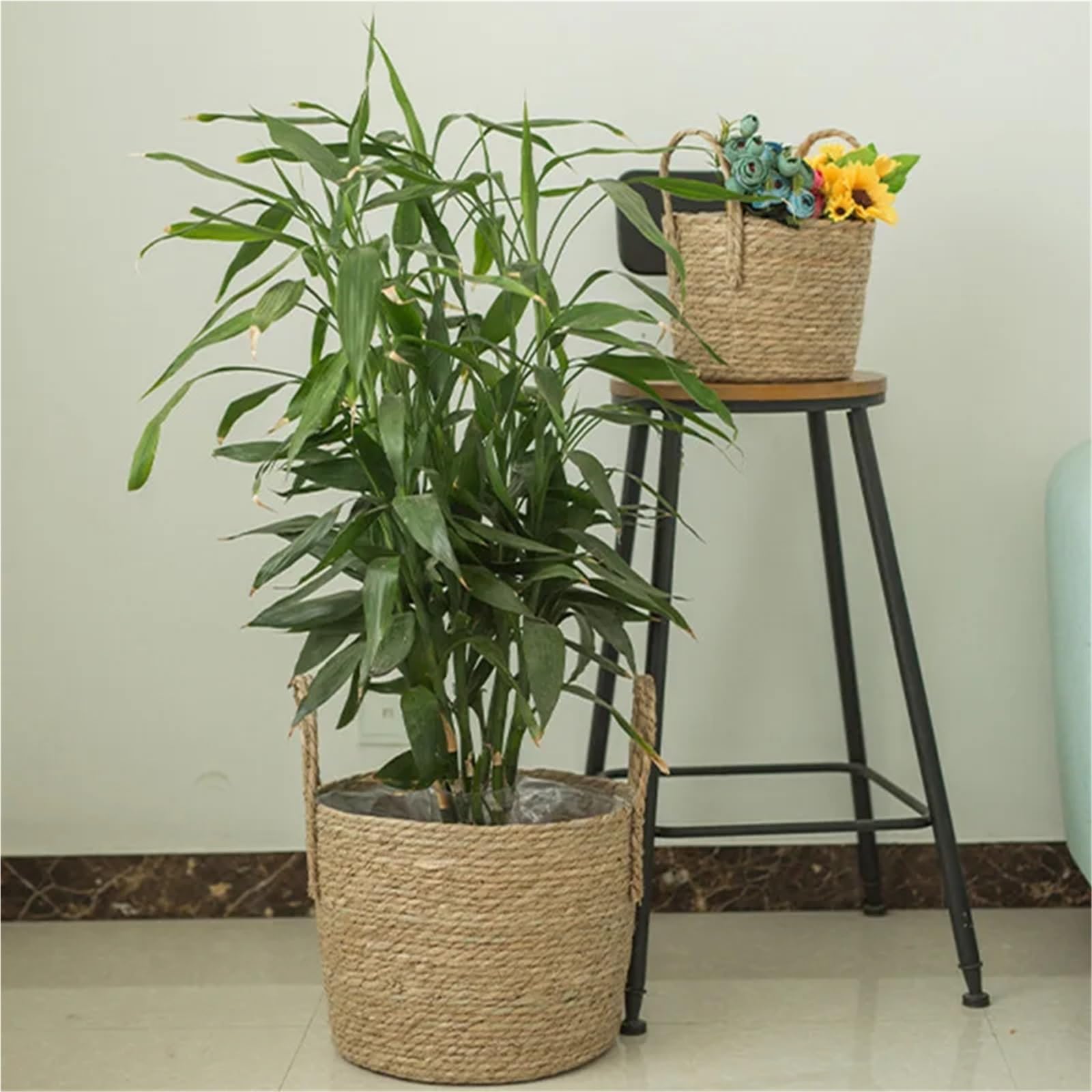 Panier Plante 3 pièces Panier de jardinière tissé à la Main Rangement Linge décoratif Paille Osier rotin jonc mer Pot Fleur Jardin(A 22CM)