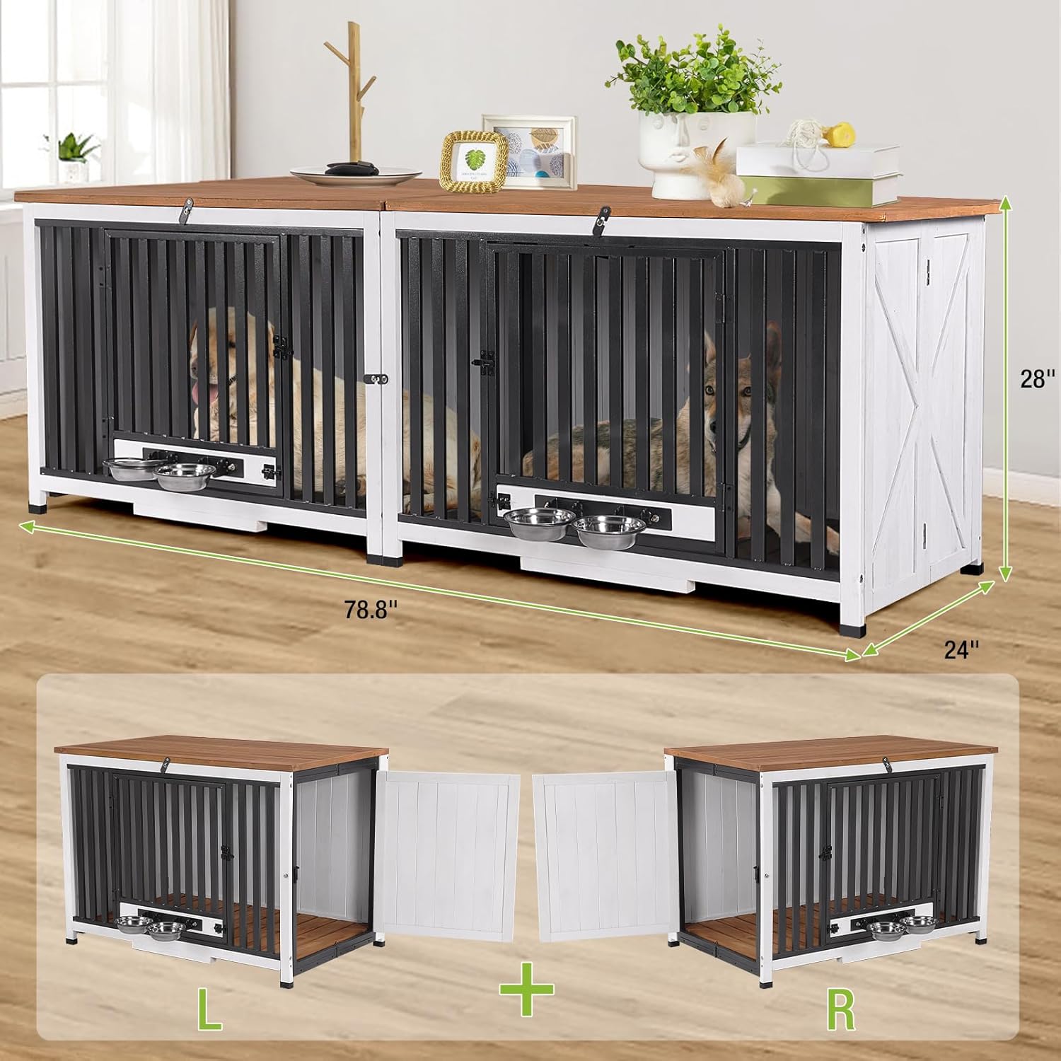 Dog Crate Furniture 78.8" Large Dog Crate End Table with 360°Rotatable Removable Dog Bowls,Folding Dog Kennel Indoor for Small, Medium Dogs,Combination