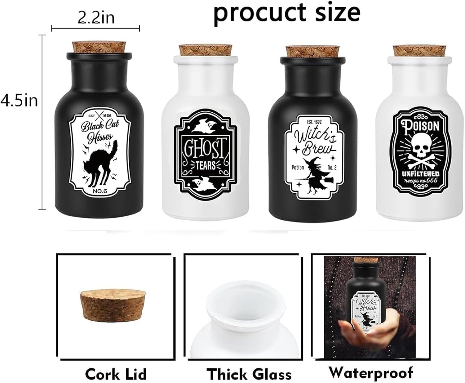 Sarybei Halloween Apothecary Potion Bottles, Set of 4, with Stickers