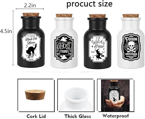 Miniatura 3 de Decoraciones de Halloween para el hogar, juego de 4 botellas de poción de boticario con calcomanías, bruja aterradora, fantasmas, gato negro,