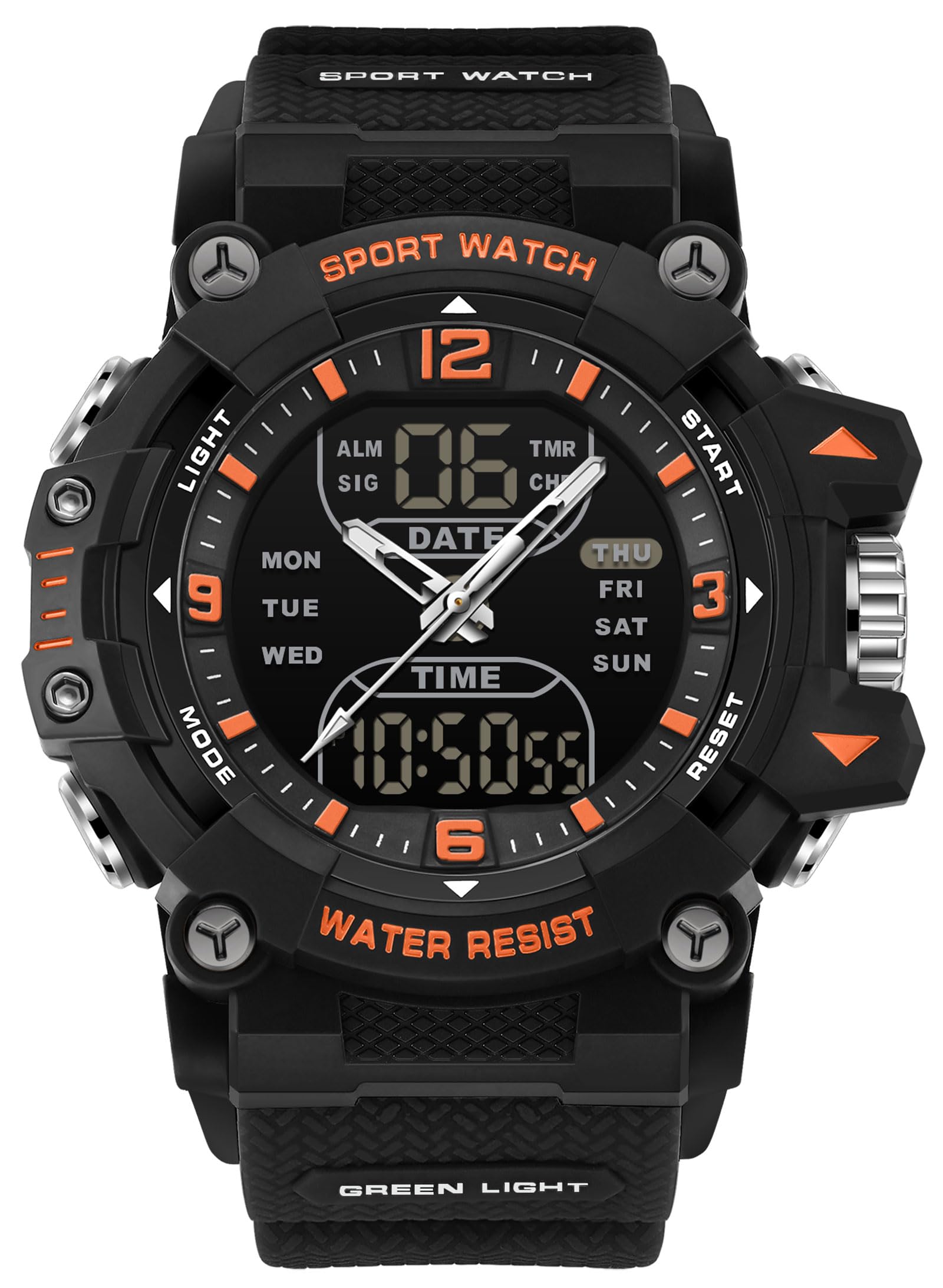 findtime Reloj analógico digital para hombre, reloj deportivo para exteriores, esfera grande, resistente al agua, 5 ATM, iluminación LED, relojes militares para hombres con despertador, fecha