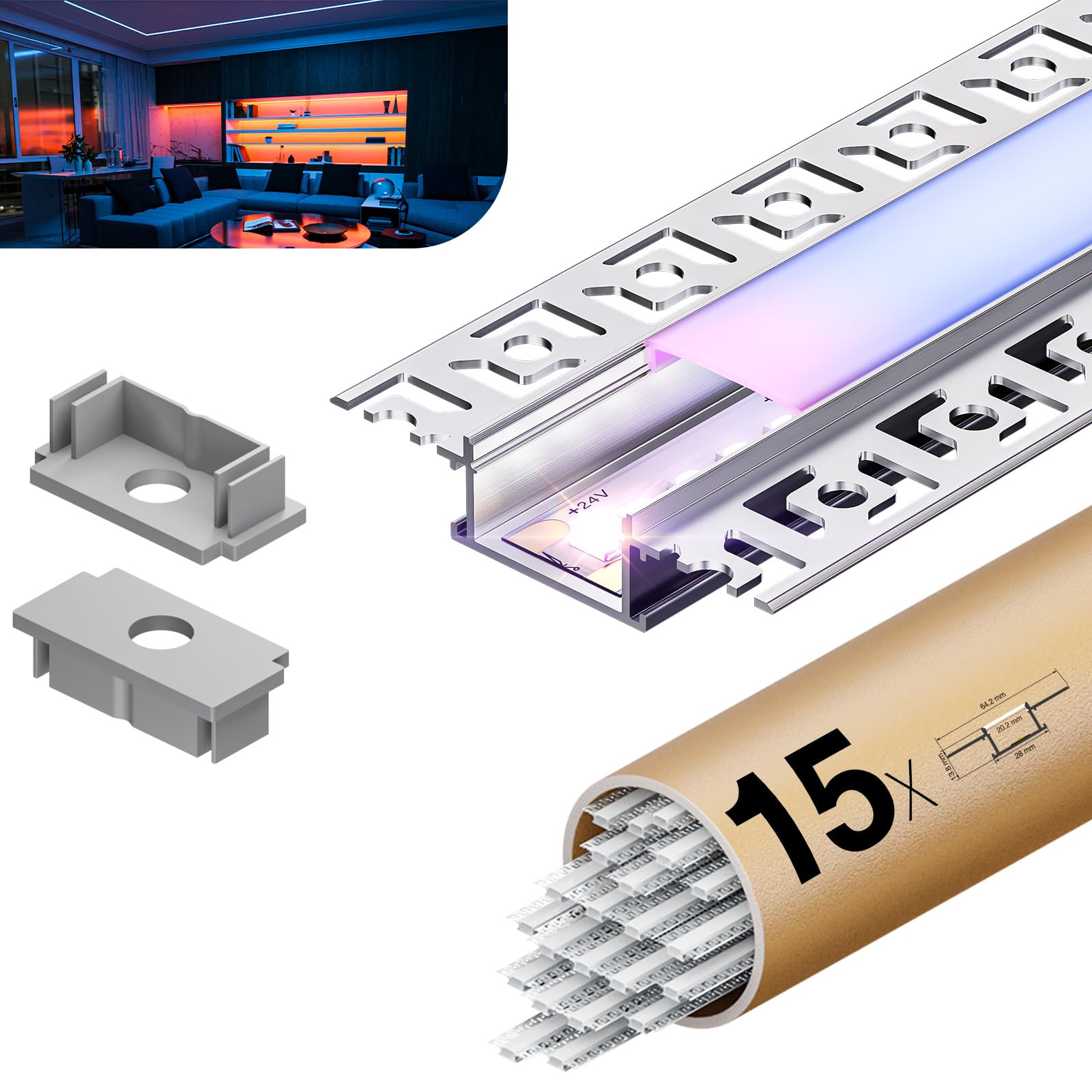 Profili per Strisce LED 2 m x 15 pezzi, Con coperchio opaco Profilo LED Dimensioni (Alette 64,2 mm) L 28 mm x H10 mm Supporta strisce di larghezza inferiore o uguale a 20,2 mm