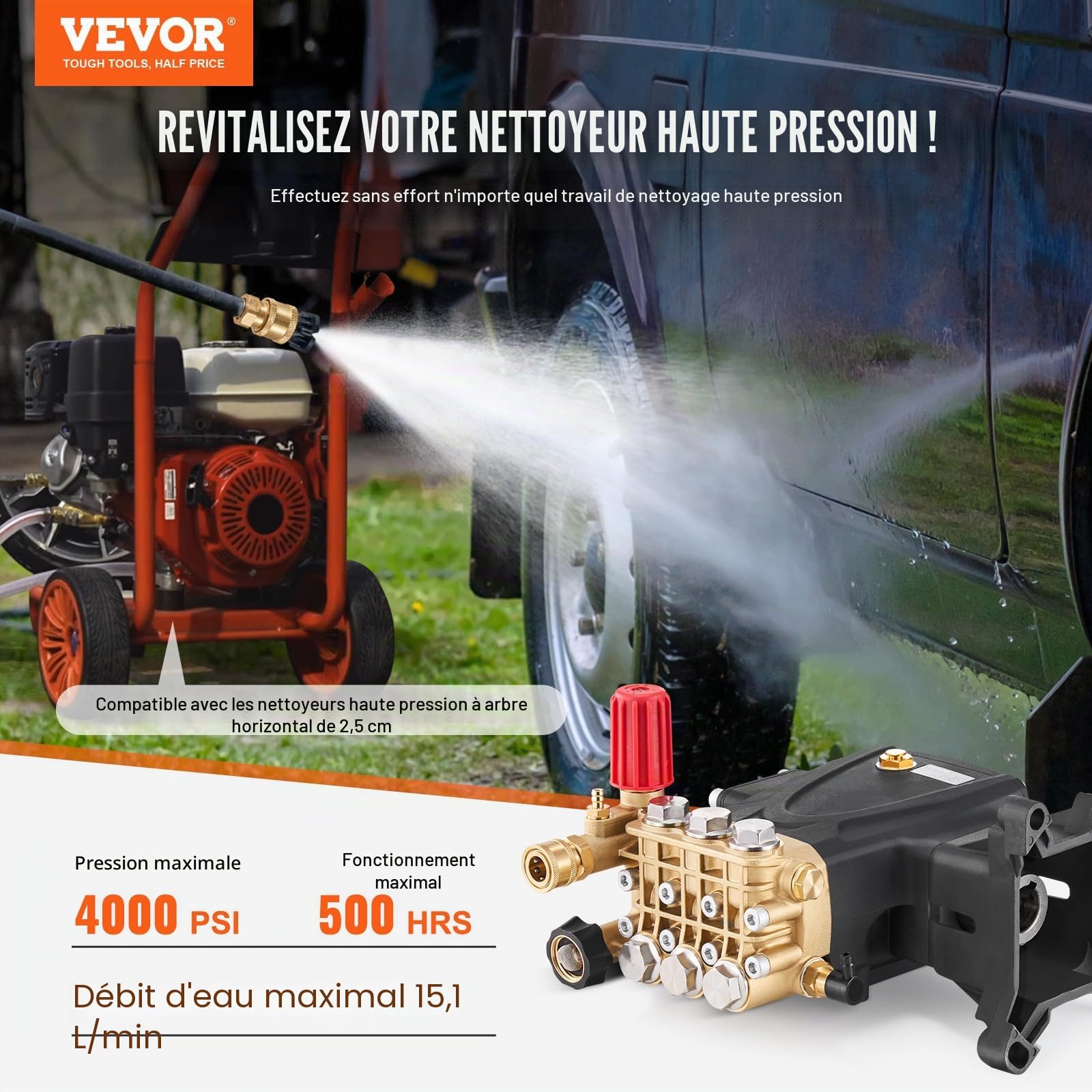 VEVOR Pompe de nettoyeur haute pression, piston triplex horizontal à arbre 25,4 mm, 4000 PSI, 4,0 GPM, kit pompe de remplacement avec matériel, pour Simpson MorFlex 40224, 40225, 40226, Santoprene