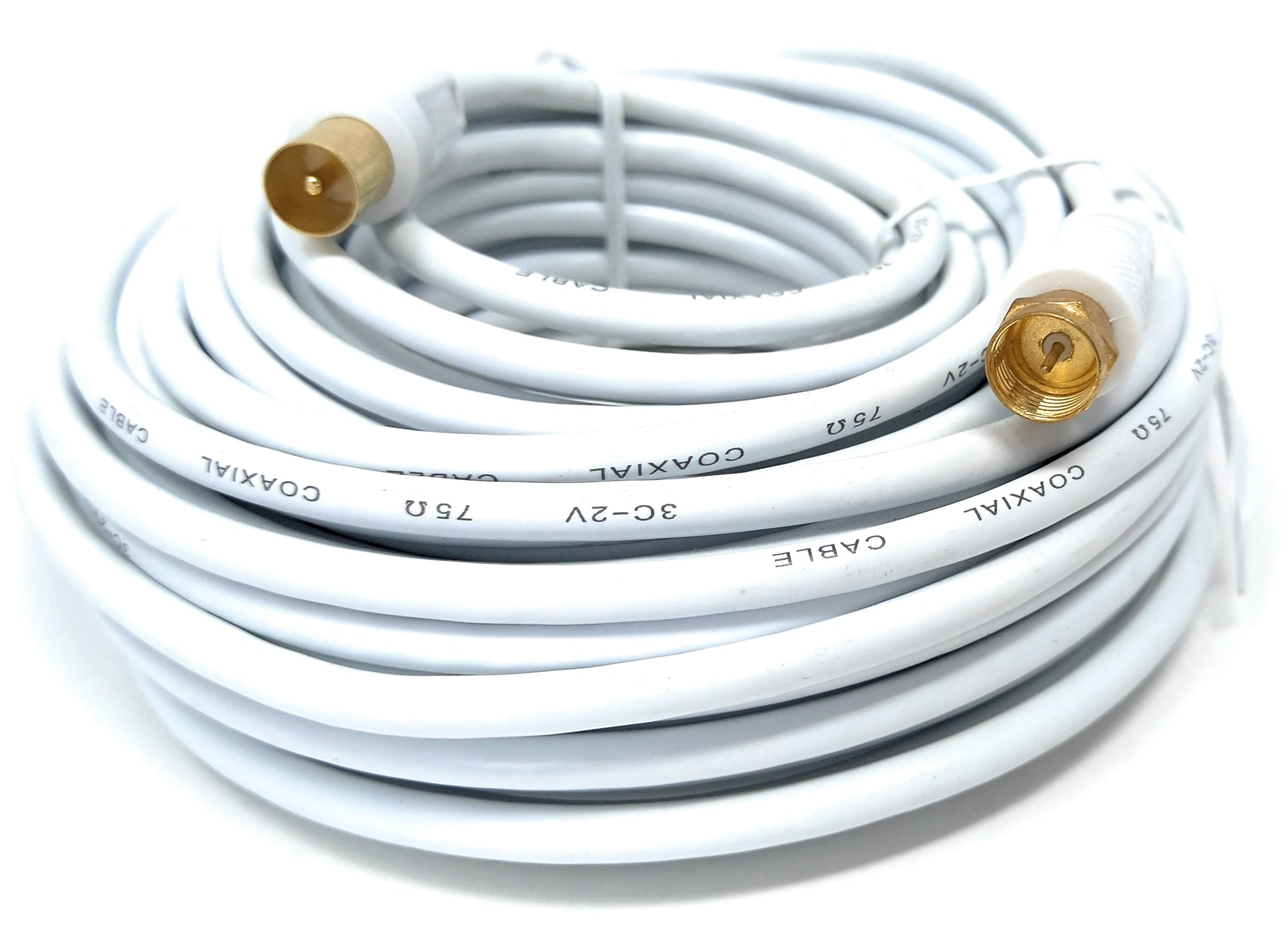 DRUT 15m RF TV Aerial Male to F Type Connector Male Plug Coaxial Coax Cable, Lead, 75 Ohm, 3C-2V 50ft White Gold Connectors - Image 2