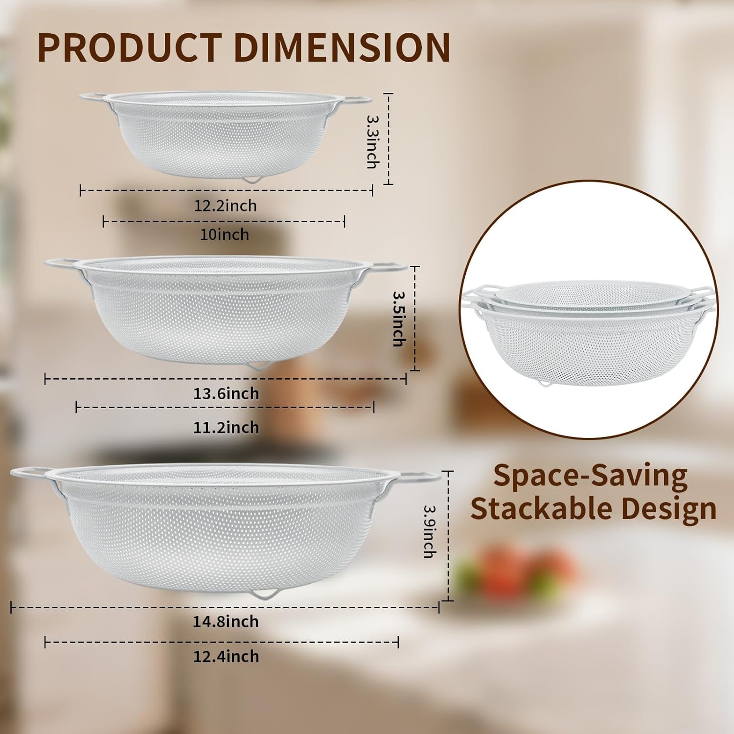 Colander Set with White Coating, Stainless Steel Micro-Perforated Colanders Strainers for Draining Rinsing Washing, Ideal for Pasta Vegetables Fruits, Heavy Duty & Dishwasher Safe -