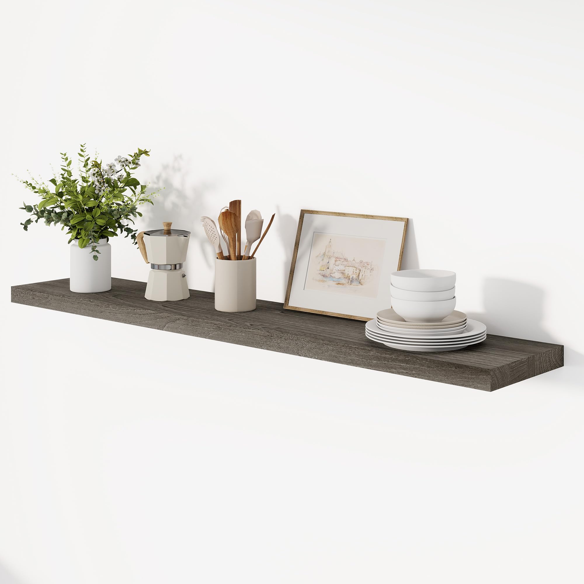 Vivelove Elm Wood Floating Shelf 48x8” Set of 1, Grey