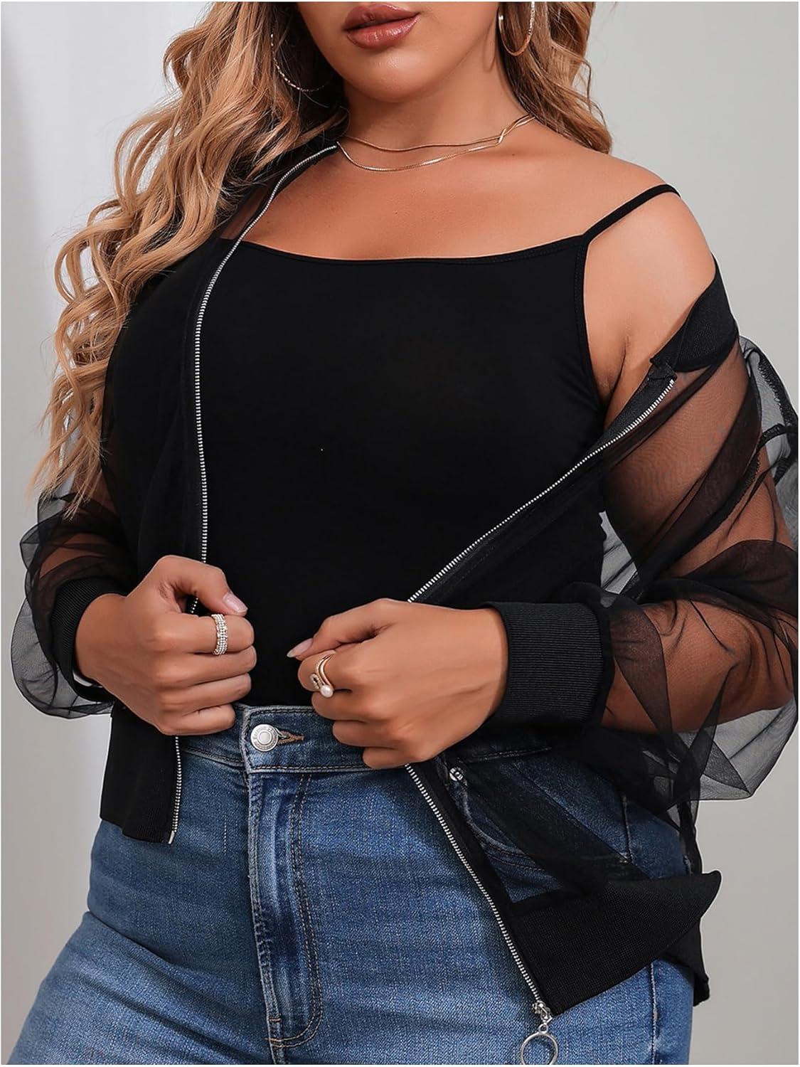 OYOANGLE Women's Plus Size See Through Long Sleeve Coats Lightweight Zip Up Sheer Mesh Jacket Outwear - Image 4
