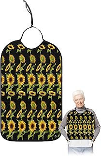BOBOWUNY Summer Sunflower Adult Bibs for Elder Women Men Eating, Yellow Spring Floral Farmhouse Black Waterproof & Washable Bibs for Eating Clothing Protector Dining Bibs for Crumb Catcher