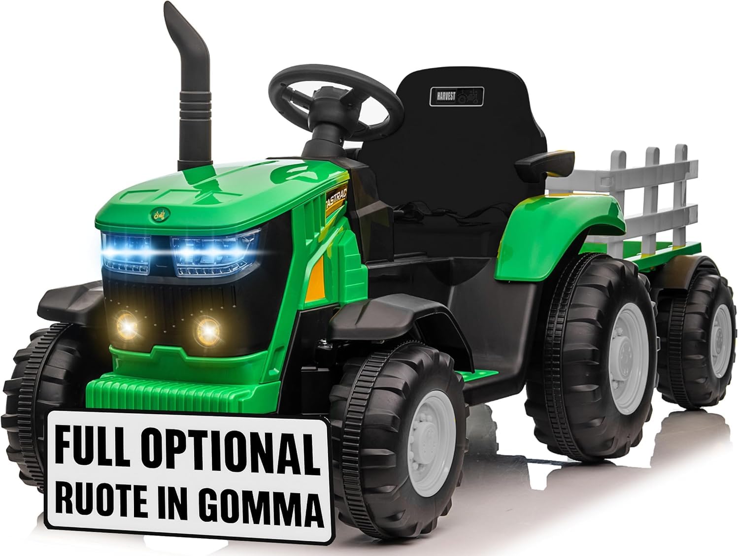 Trattore Elettrico per Bambini 12V con Ruote in Gomma e Rimorchio – Maxi Trattore a Batteria con Telecomando, Soft Start, Cintura di Sicurezza, Luci LED, MP3 USB, 2 Motori 35W (Verde)
