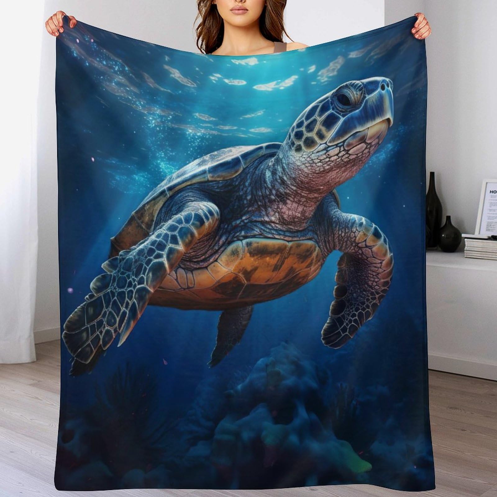 Couverture Polaire Tortues de Mer en Flanelle pour Lit et Canapé 140x180cm