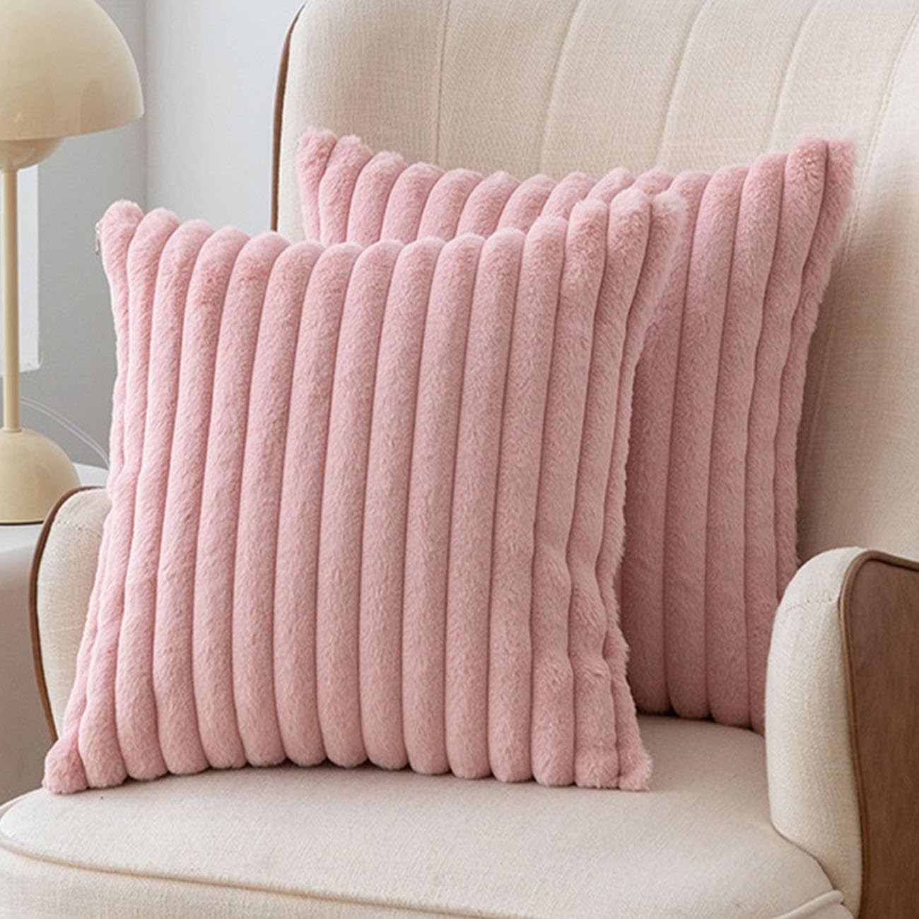 SWJ-swjssb Set Of 2 Faux Fur Plush Throw Pillow Covers 18x18, Fluffy Striped Pillowcase Square Cushion Covers 18 X 18 20x20 Inches For Sofa Couch Bed Pillow Case(Pink,50x50 cm Set of 2)