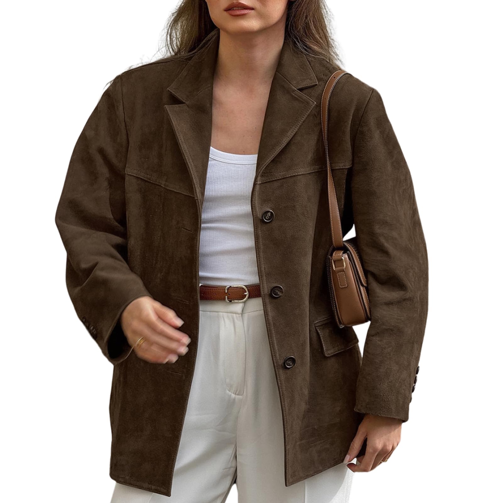 Nbzsmlkn Women's Brown Vintage Faux Suede Oversized Blazer,Suede Jacket Outerwear Faux Leather Jacket, Vintage Suede Jacket Oversized Faux Leather Jackets (,M)