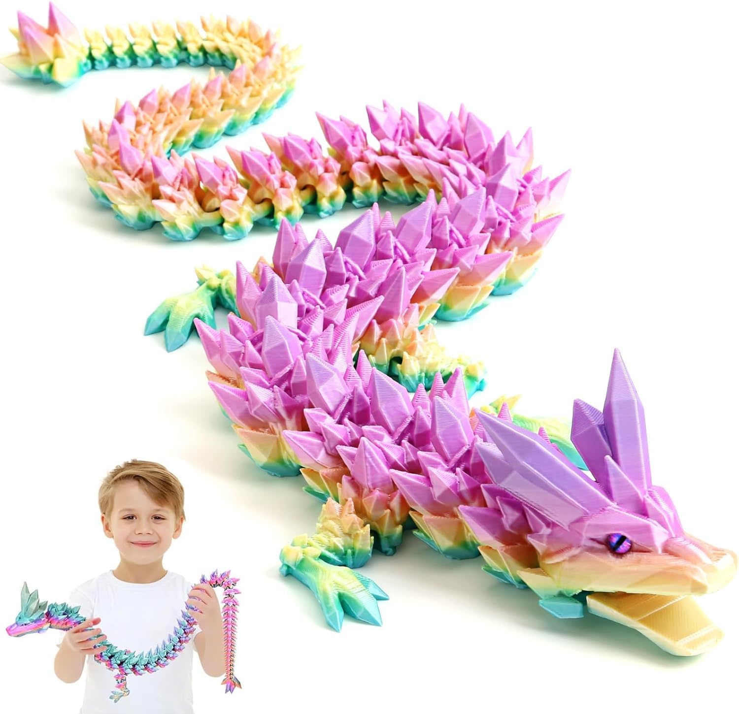 Large 3D Printed Dragon 24 inch- Articulated Crystal Dragon Toys with Wings, Big 3D Printed Animals ADHD Fidget Toy Gifts for Desk Decor, Easter Basket Stuffers and Essentials