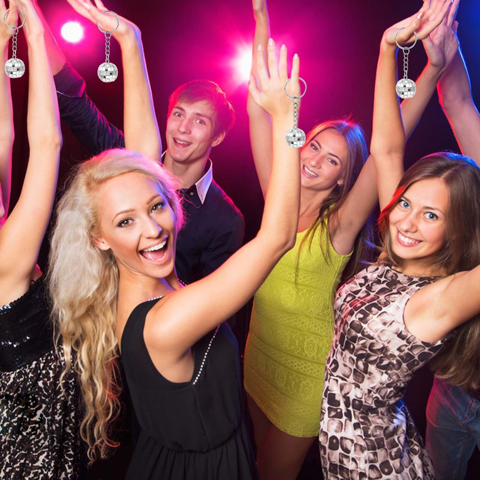 Tyqour 10 Stück Disco-Schlüsselanhänger, 70er-Jahre-Disco-Schlüsselanhänger, Silber Hängende Spiegelkugelanhänger Partyartikel für Halloween, Weihnachten, Party Deko