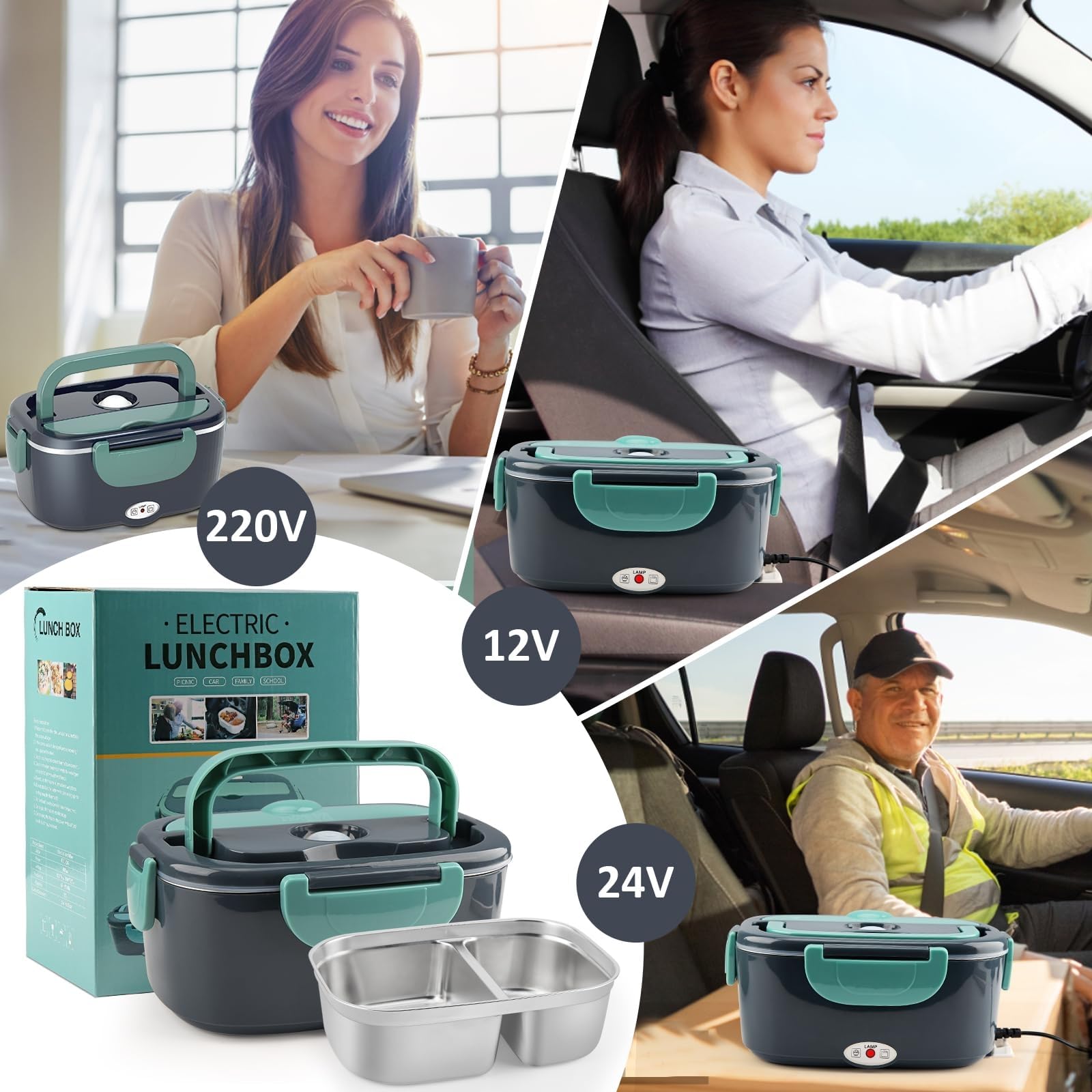 Boîte à déjeuner électrique 100 W, 3 en 1, portable, en acier inoxydable, 1,5 l, boîte à pain amovible, 12 V/24 V/220 V, pour voiture, camion, bureau (bleu et vert, 1,5 l)