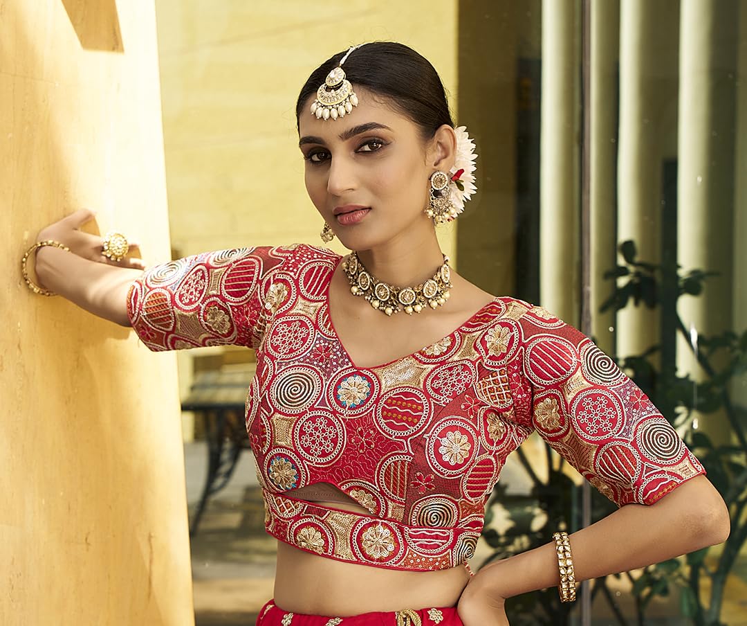 Pujia Mills Women's Blouse Readymade Blouse Embroidery Multi Coding Gold Thread Blouses Handwork Red Color Readymade Saree Blouse For Women For Saree And Lehenga Choli (A2420 Red 36)