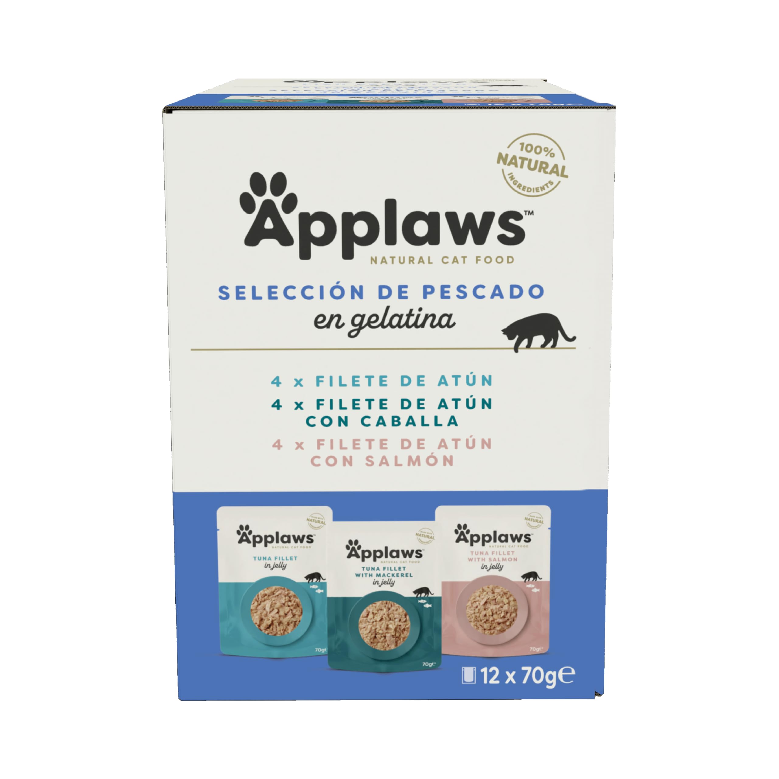 Applaws Natural Comida Húmeda para Gatos, Selección de Pescado en Jalea 70 g (12 x 70 g Bolsitas)