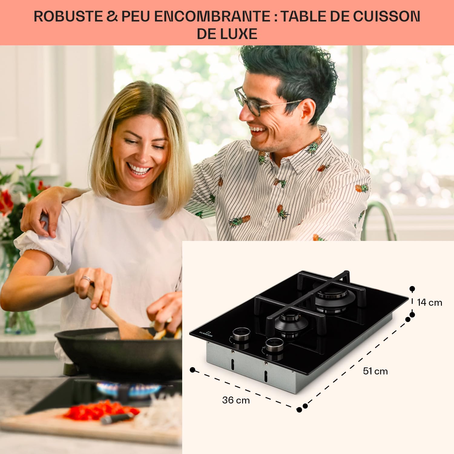 Klarstein Plaque de Cuisson Gaz 2 Feux, Table de Cuisson à Gaz 2 Brûleurs, Plaque 4000W, Piano Cuisine en Acier Inoxydable, de Encastrable, a Cuisine Inox