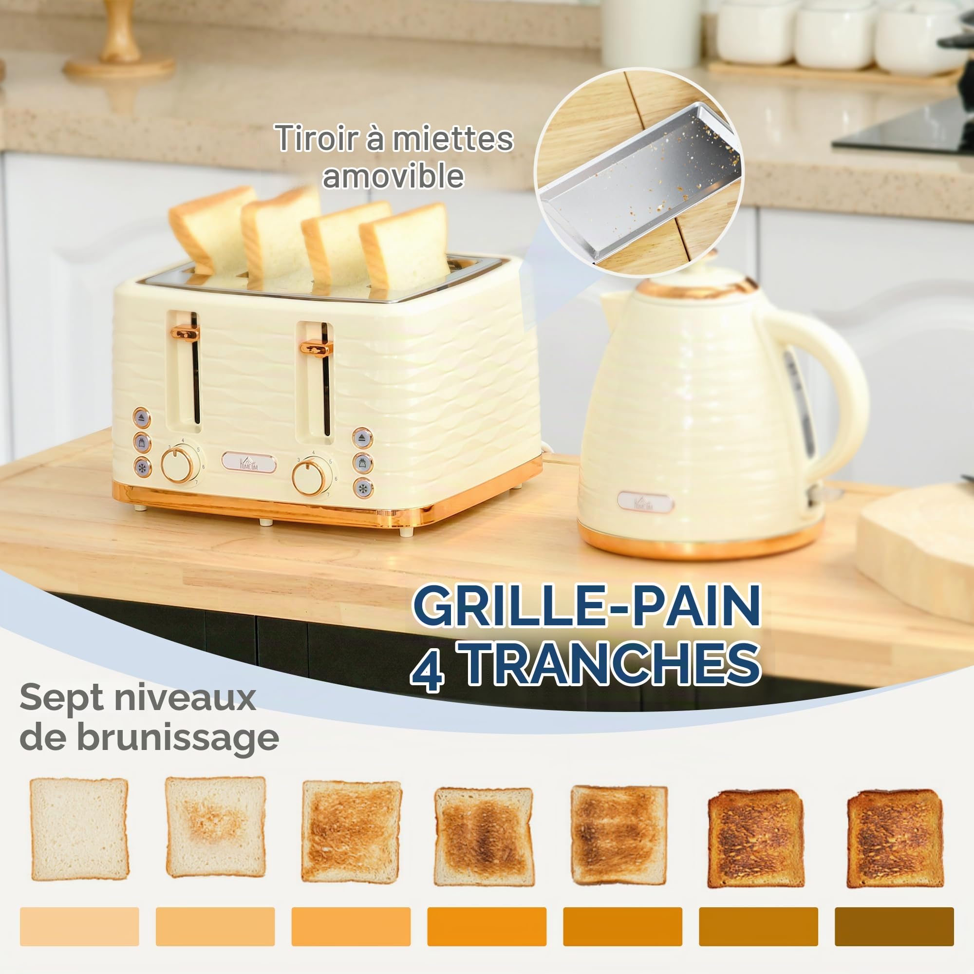 HOMCOM Bouilloire Grille-pain Ensemble Petit-déjeuner Beige