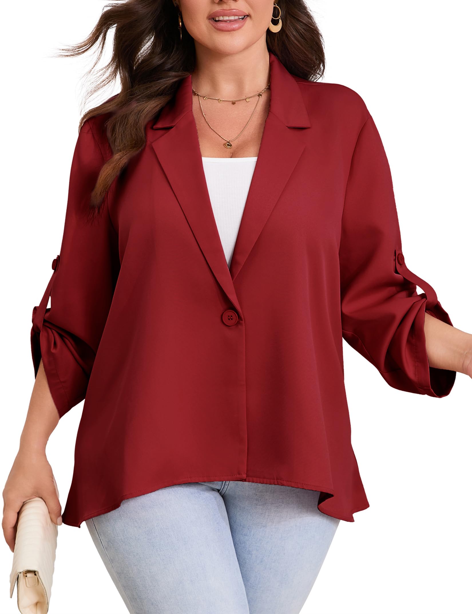 ShopWonder Womens Plus Size Long Sleeve Classic Draped Open Front Lightweight Blazer