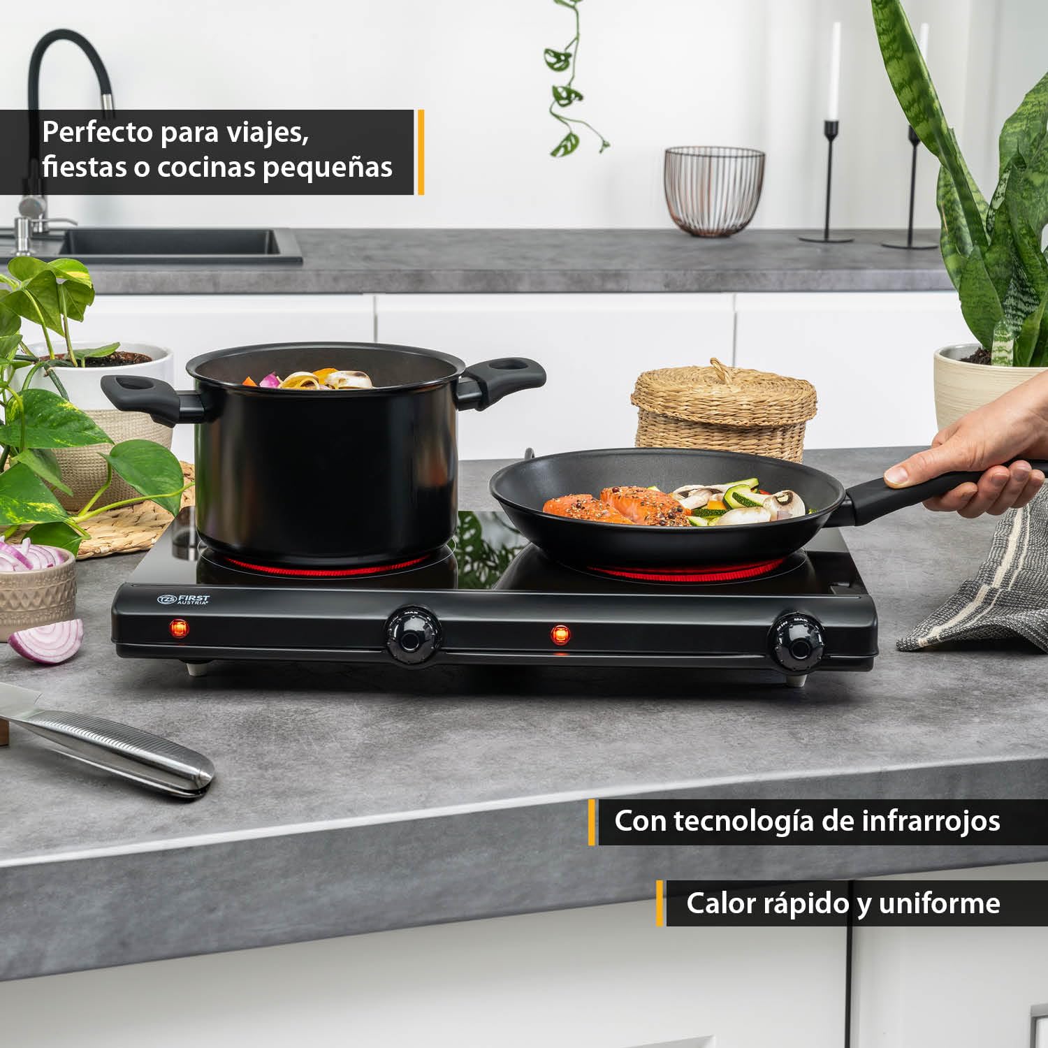 TZS First Austria placa vitrocerámica infrarrojos doble | Compatible con todo tipo de ollas | Placa 15 cm | Calentamiento rápido, regulación continua | Ideal para camping, mudanza y apartamento