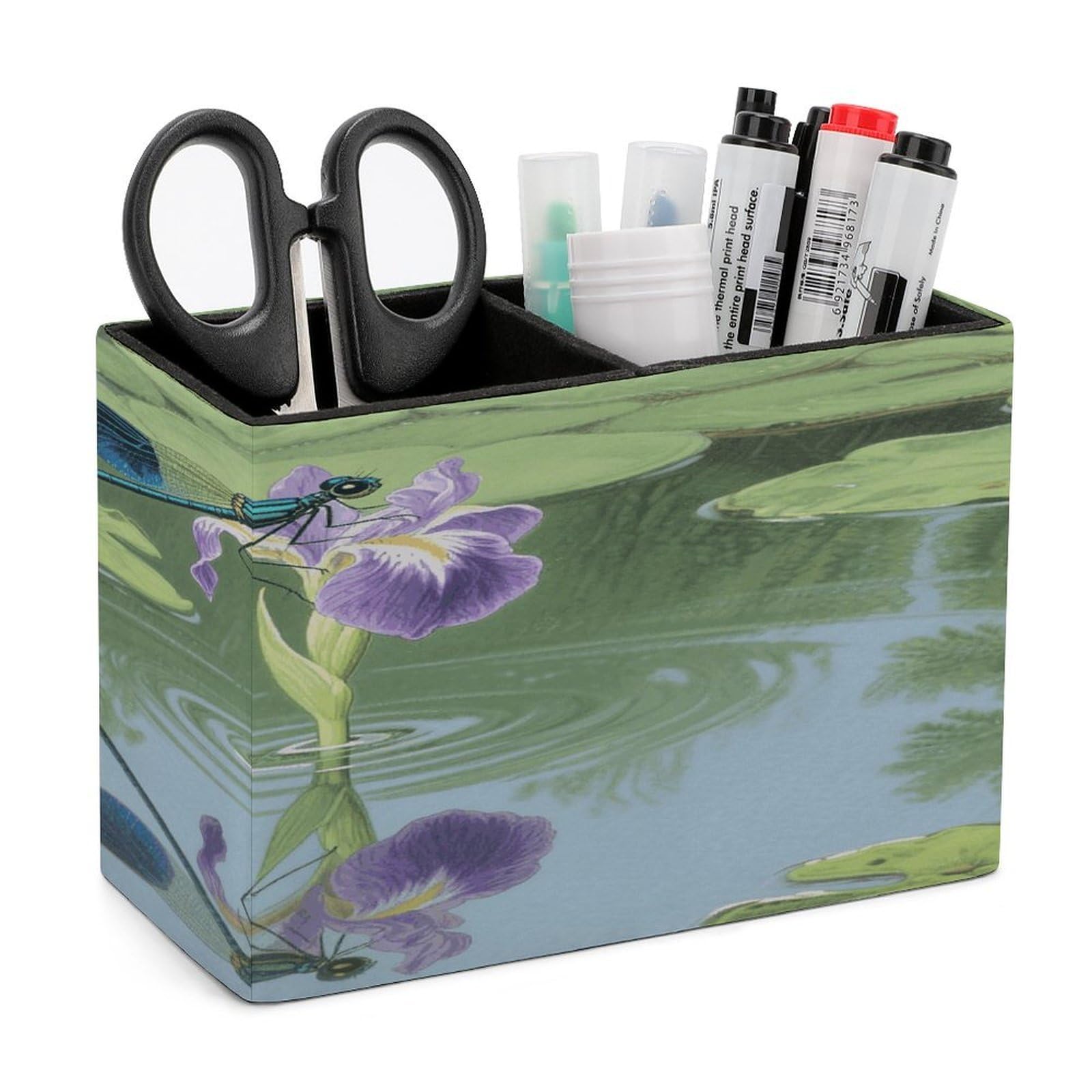 VstaDank Dragonflies Pencil Holder for Desk Organizer 2 Compartments Pen Cup Leather Square Pen Holder Pencil Cup Stand Makeup Brush Holders for Desktop Organizer Storage Case