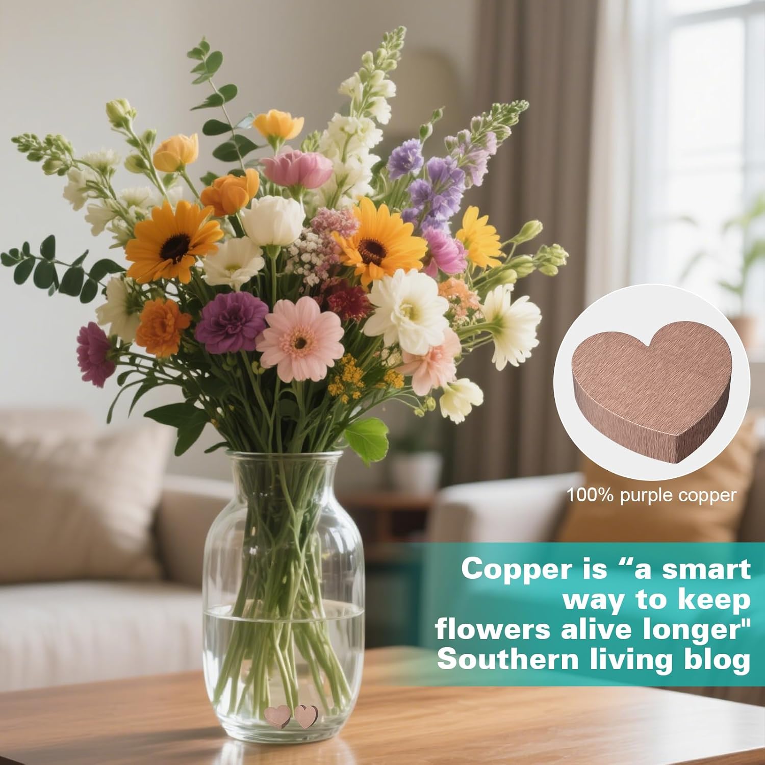 2 Pack Copper Discs for Fresh Cut Flowers, Natural Flower Food Alternative, Keeps Vase Water Clean & Clear, Reusable Vase Water Cleaner (Heart)