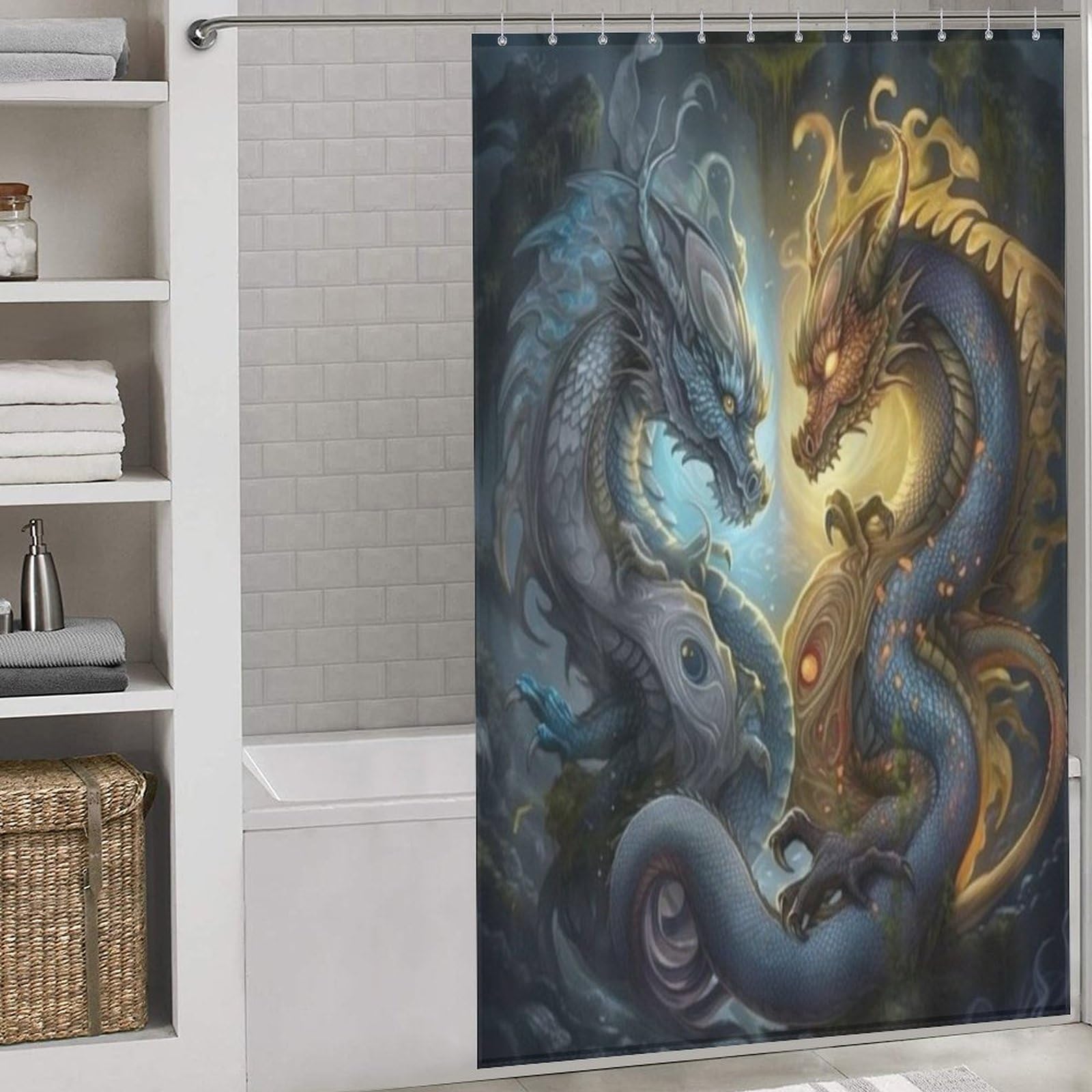 Rideau de douche dragon en tissu polyester 140x183 cm pour salle de bain