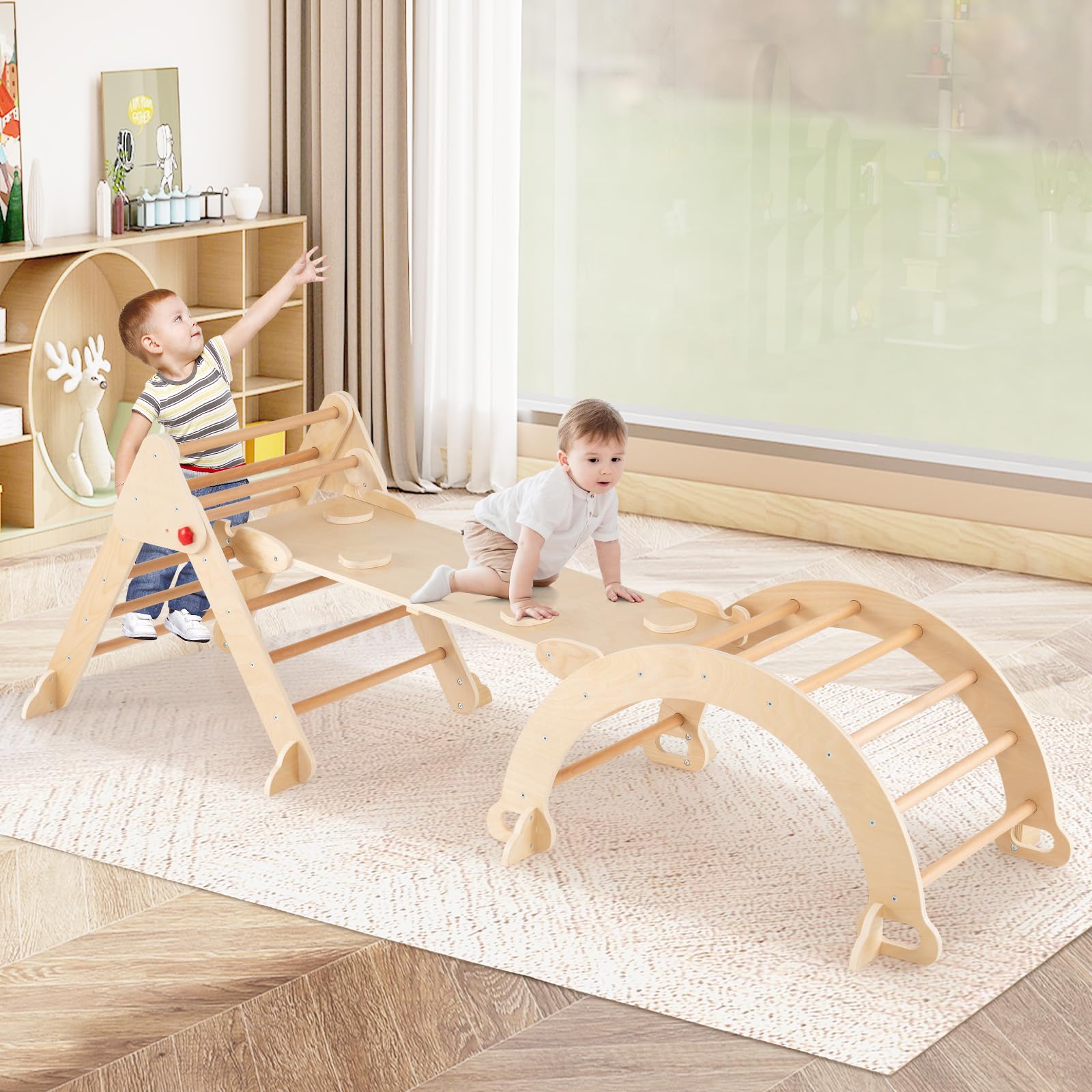 FANTASK Triangolo da arrampicata 4 in 1 con scivolo, arco da arrampicata, rampa a doppia faccia, struttura in legno per arrampicata, scivolo e altalena, montessori triangolo per i 3 anni (naturale)