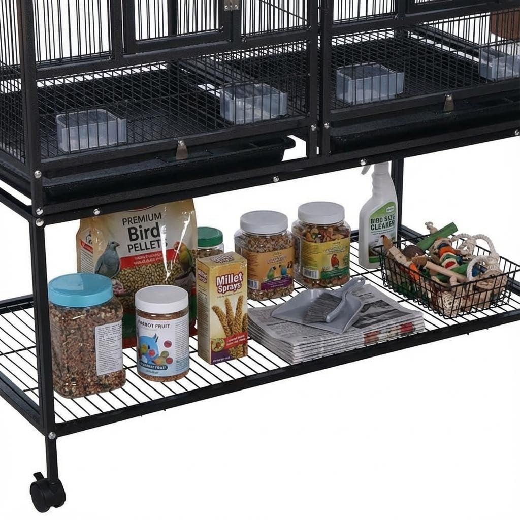 Vogelkäfig groß, Doppelkäfig Vögel mit 4 Rollen, Trennwand & Futternapf, Vogelvoliere aus Metall mit 4 Holzstangen & herausziehbarer Reinigungswanne, Zuchtkäfig geteilter Vogelhaus 94x45x106cm