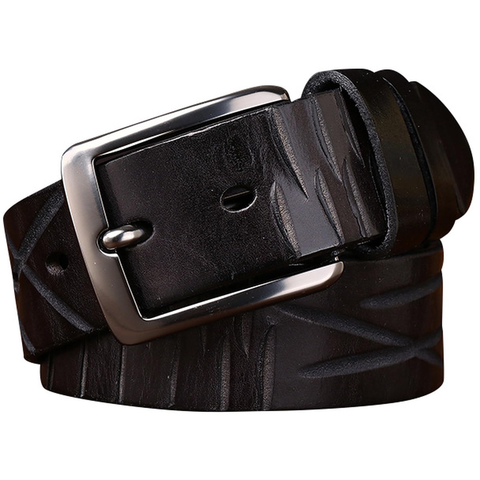 AGUTALITHIC Men's Distressed Jeans Belt-Vintage Full Grain Leather Strap Handmade Engraved Scratches-1.5" Wide with Gift Box(120cm/47, Black)