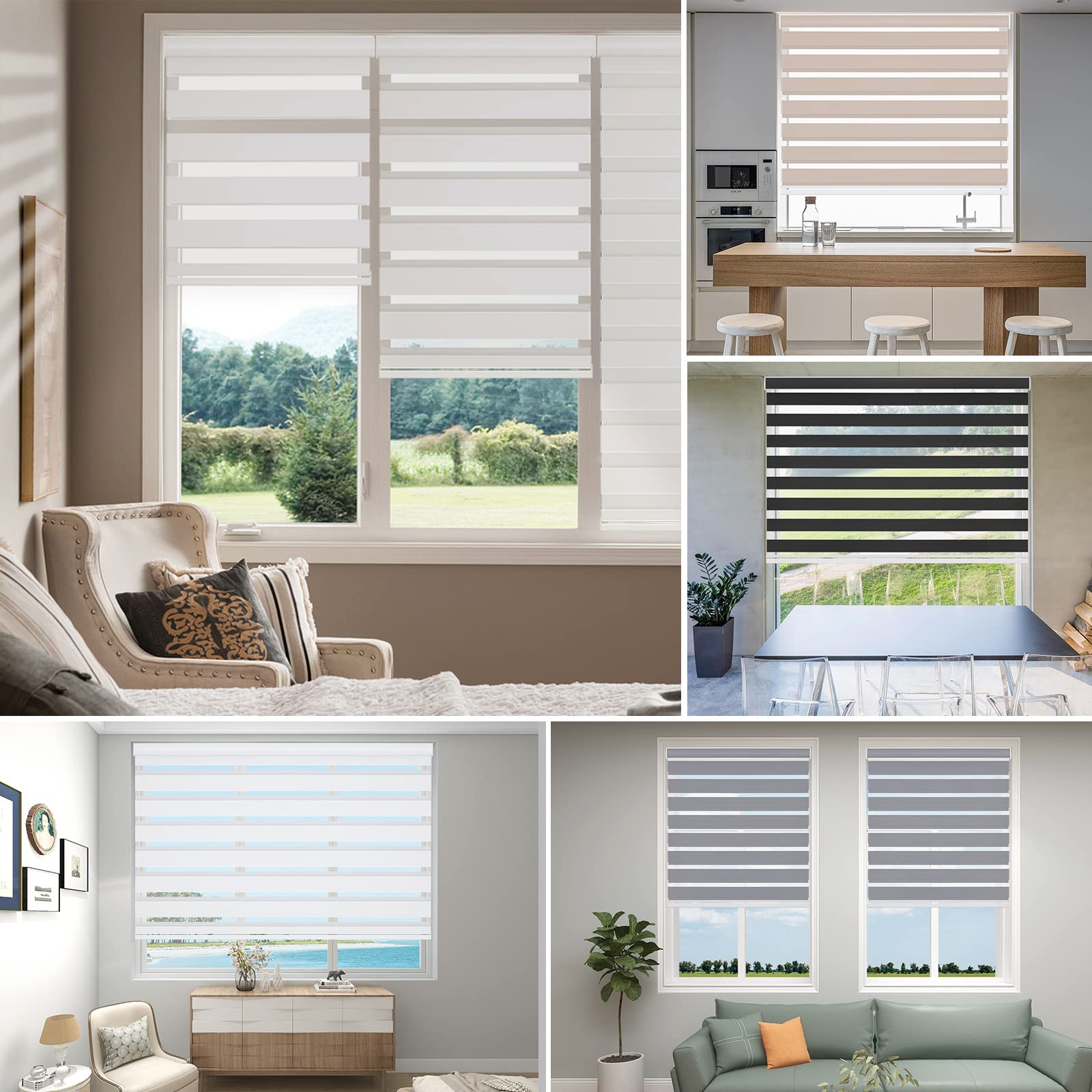 Changshade Blackout Cordless Zebra Blinds for Indoor Windows, Custom Zebra Roller Shades Dual Layer Day and Night for Living Room, Bedroom, Bathroom, Easy to Install, Light Blocking, White
