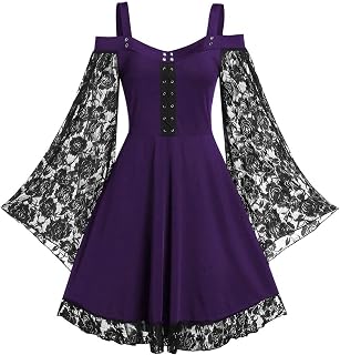 WSKMHK Gothic Halloween Costumes for Women Sexy Off The Shoulder Medieval Dress Sheer Lace Bell Sleeve A-Line Dress Plus Size Prom Dress Ladies Dresses 2023 Fall Purple Blue Green S-5XL