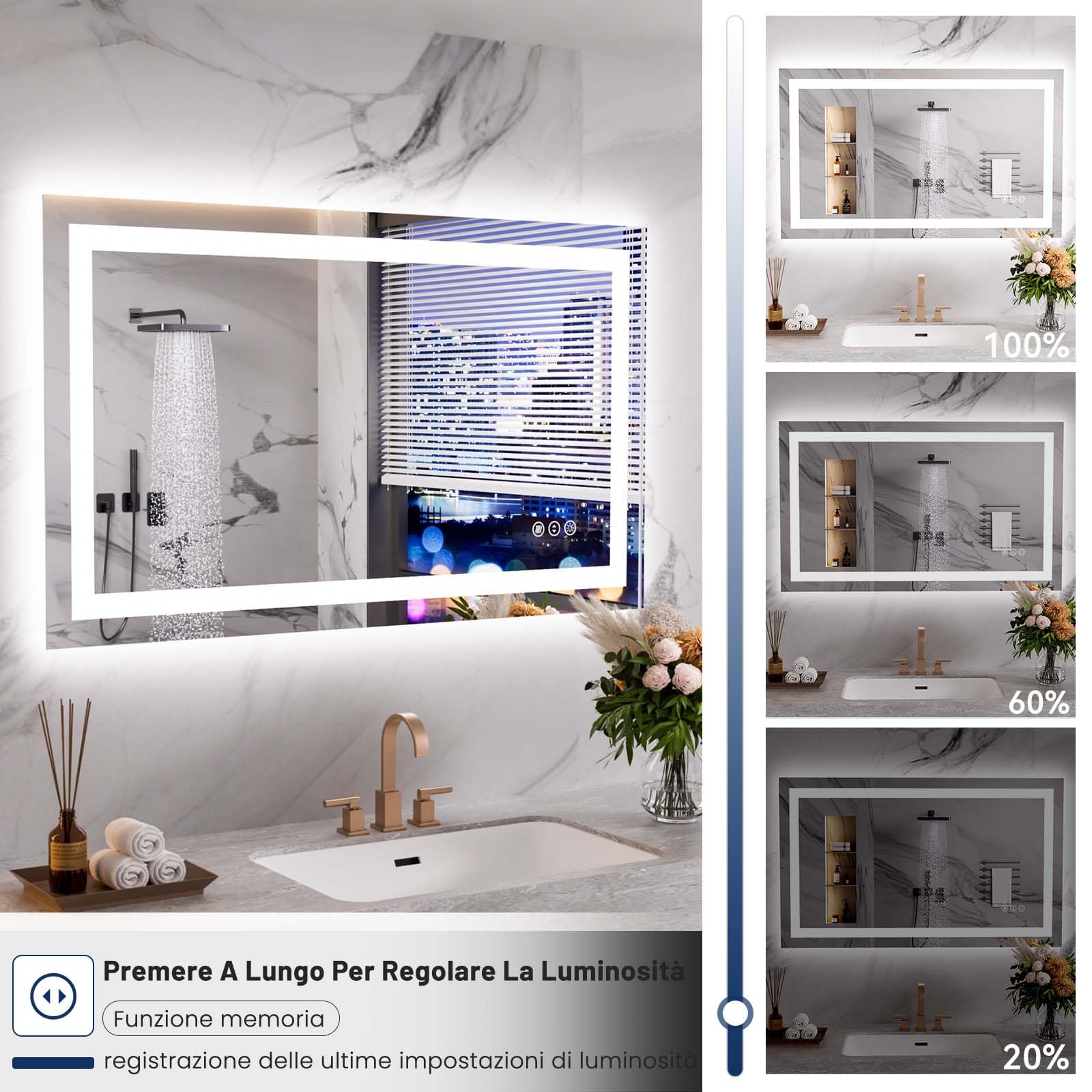 Specchio Da Bagno LED 24x36" Dimmerabile Con Antiappannamento – ODDSAN – Temperatura Colore Regolabile (Montaggio Orizzontale/Verticale)