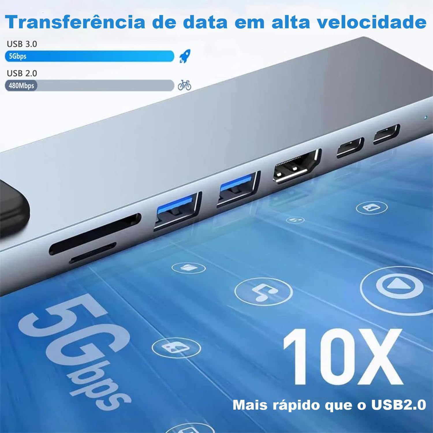 Hub USB-C 8 em 1, Hub Adaptador Multifuncional com HDMI 4K, Ethernet RJ45, Carregamento PD, 2 Portas USB 3.0, Leitor SD/TF, Cinza