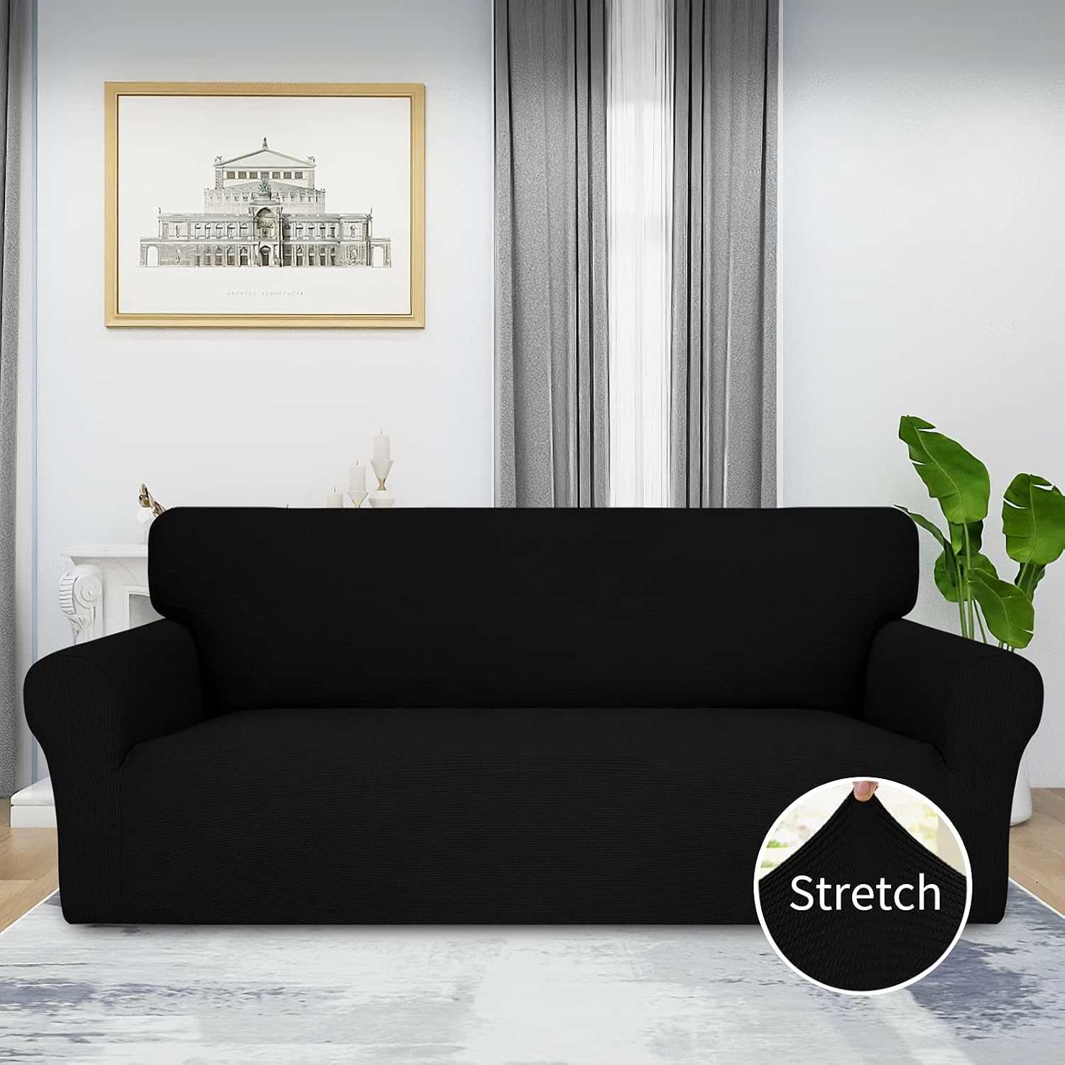 Easy-Going Thickened Stretch Slipcover, Sofa Cover, Furniture Protector with Elastic Bottom, 1 Piece Couch Shield, Sturdy Fabric Slipcover for Pets,Kids,Children,Dog (Sofa,Black)