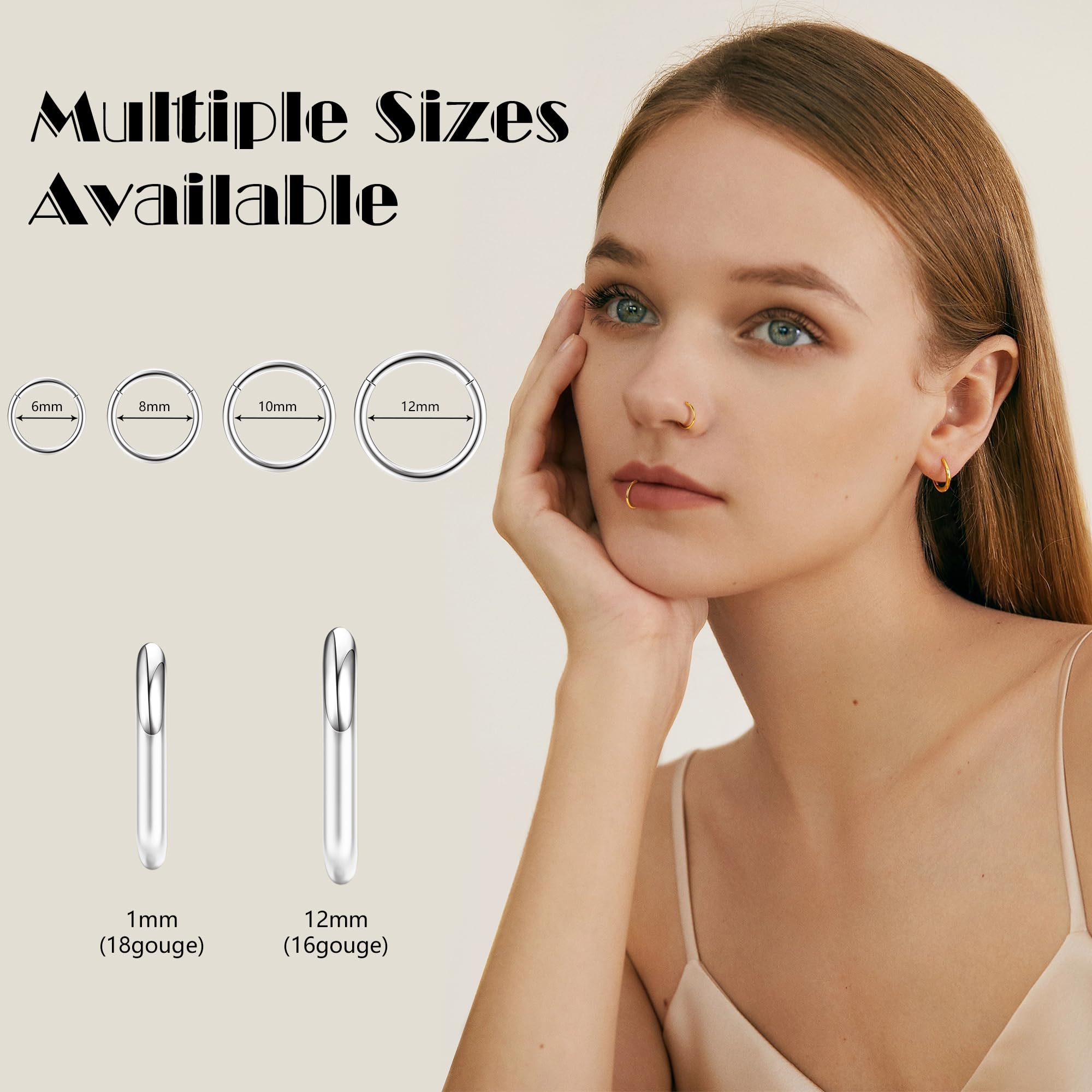 Diamday 8pcs Clicker Piercing Nariz 16G/18G 316L Acero Quirúrgico 6mm 8mm 10mm 12mm