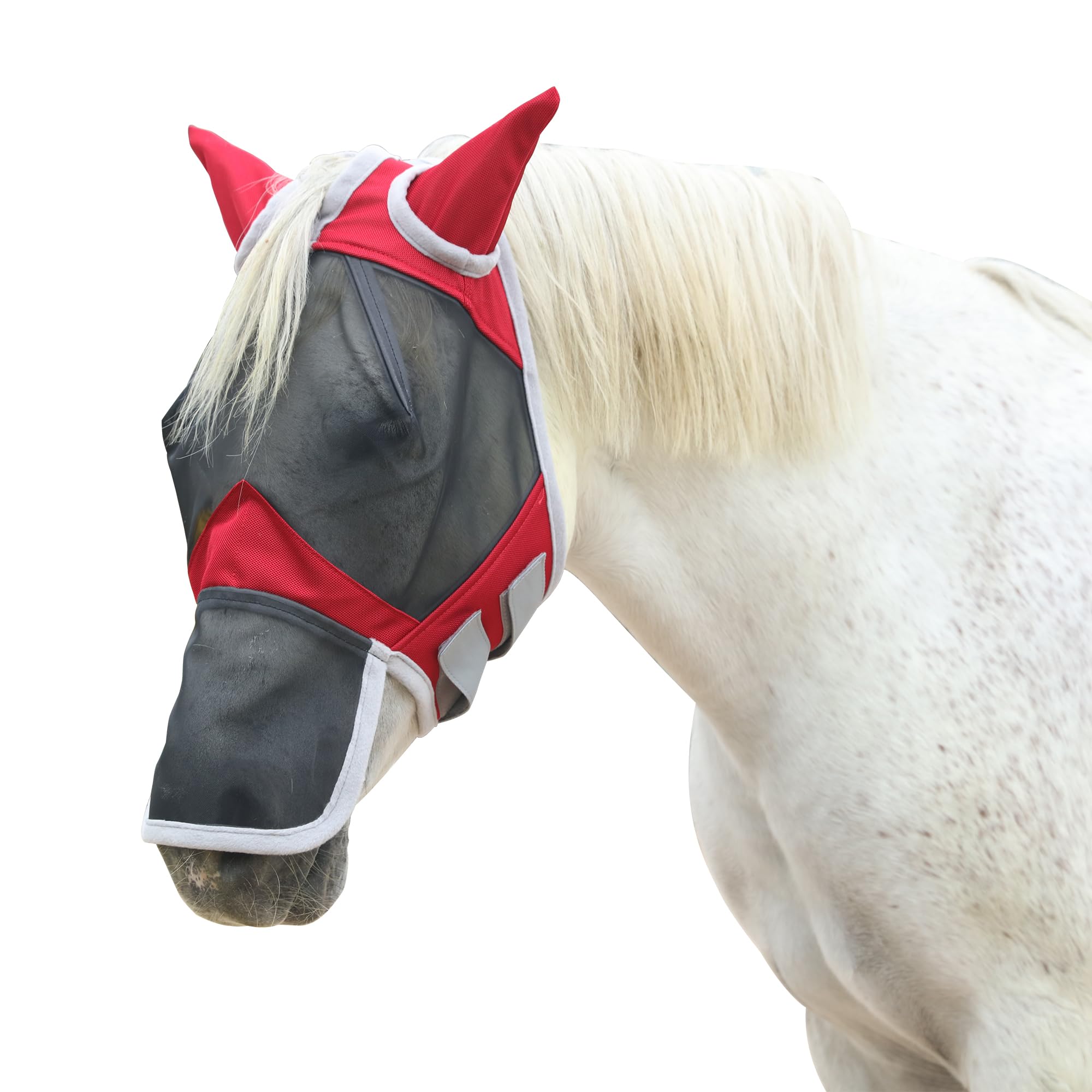 Leberna Fine Mesh Horse Fly Mask Large Eye Space Long Nose with Ears UV Protection for Horse (Red, Full)
